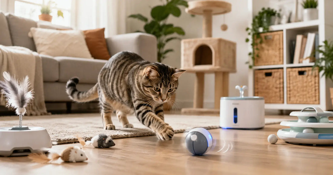 Indoor cat playing with interactive cat accessories in a modern home