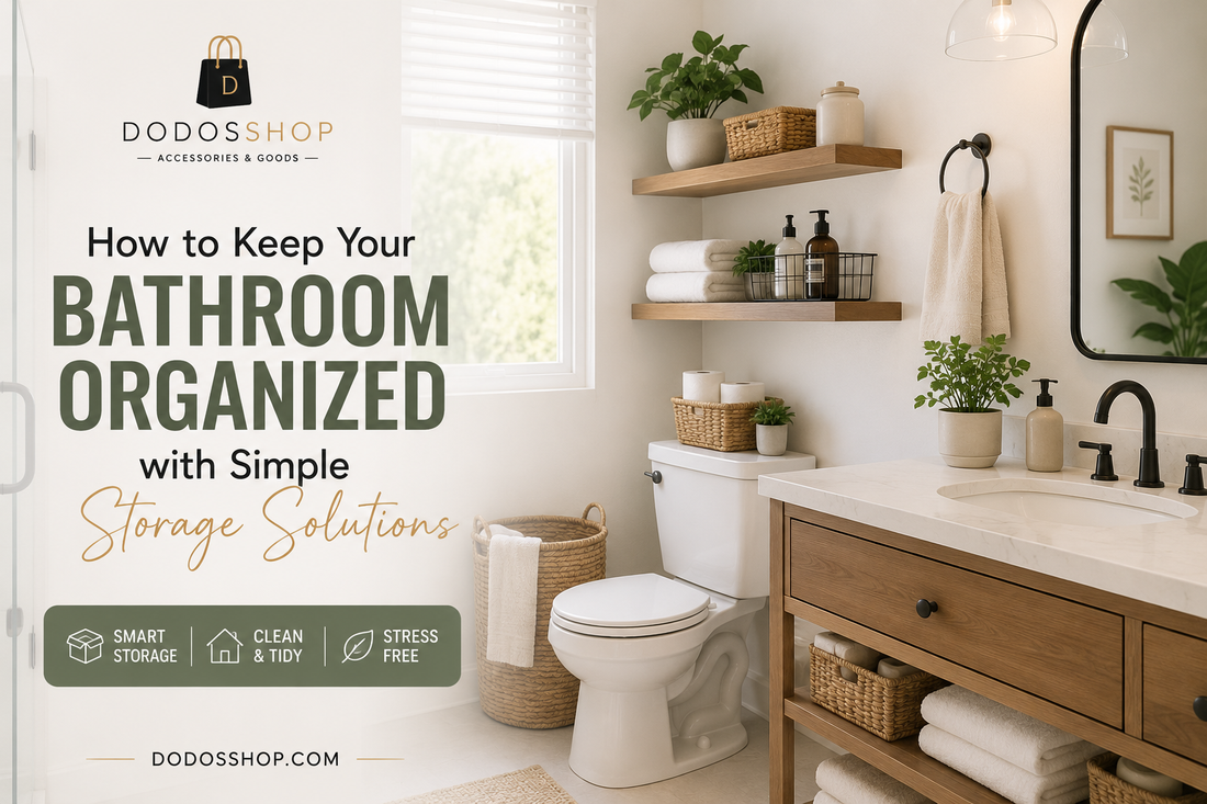 Modern organized bathroom with smart storage solutions, floating shelves, wooden vanity, and stylish bathroom organization ideas by DodosShop