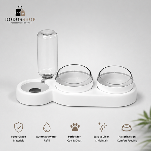 Automatic Pet Food & Water Bowl

A white dual-bowl pet feeder and waterer with an integrated clear refill bottle, shown on a light gray background. The image includes a Dodoshop logo in the top-left corner and feature icons and text along the bottom describing product benefits.