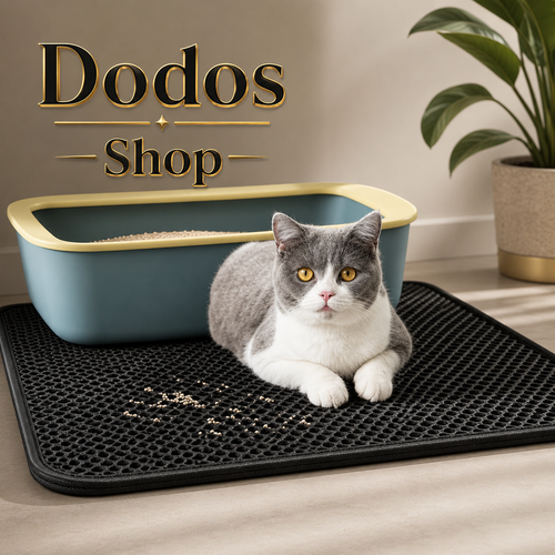 A gray and white cat lies on a black textured mat in front of a blue litter box with a yellow rim. The scene is indoors with a potted plant in the background, and the text 'Dodos Shop' appears at the top.
