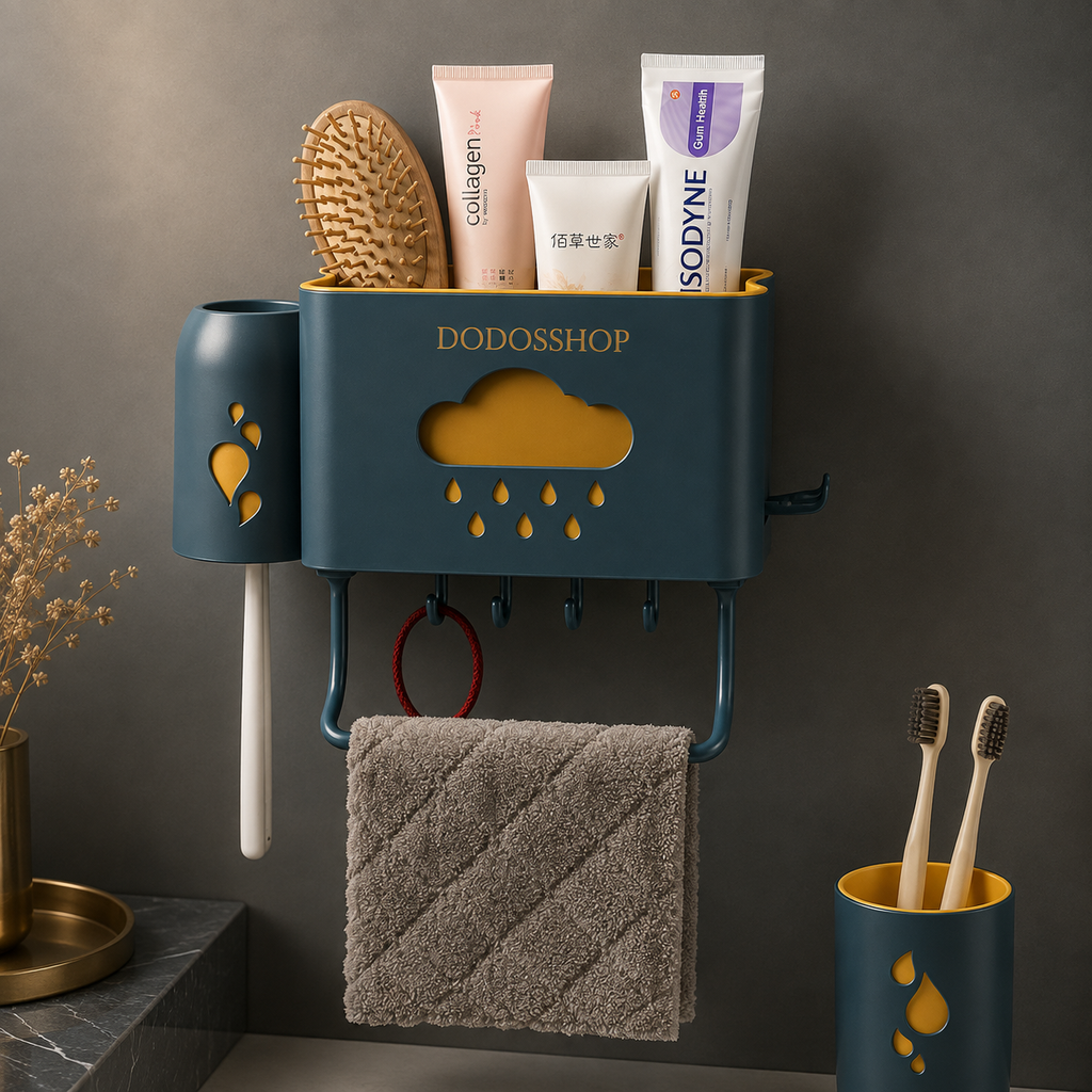 Bathroom Storage Rack
A wall-mounted toothbrush holder and towel rack set in a bathroom scene. The set includes a toothbrush cup on the left, a central storage box with a cloud-shaped cutout and raindrop detail, a hanging towel, hooks, and toothpaste tubes placed on top.