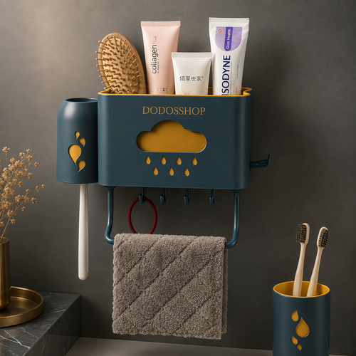 Bathroom Storage Rack
A wall-mounted toothbrush holder and towel rack set in a bathroom scene. The set includes a toothbrush cup on the left, a central storage box with a cloud-shaped cutout and raindrop detail, a hanging towel, hooks, and toothpaste tubes placed on top.