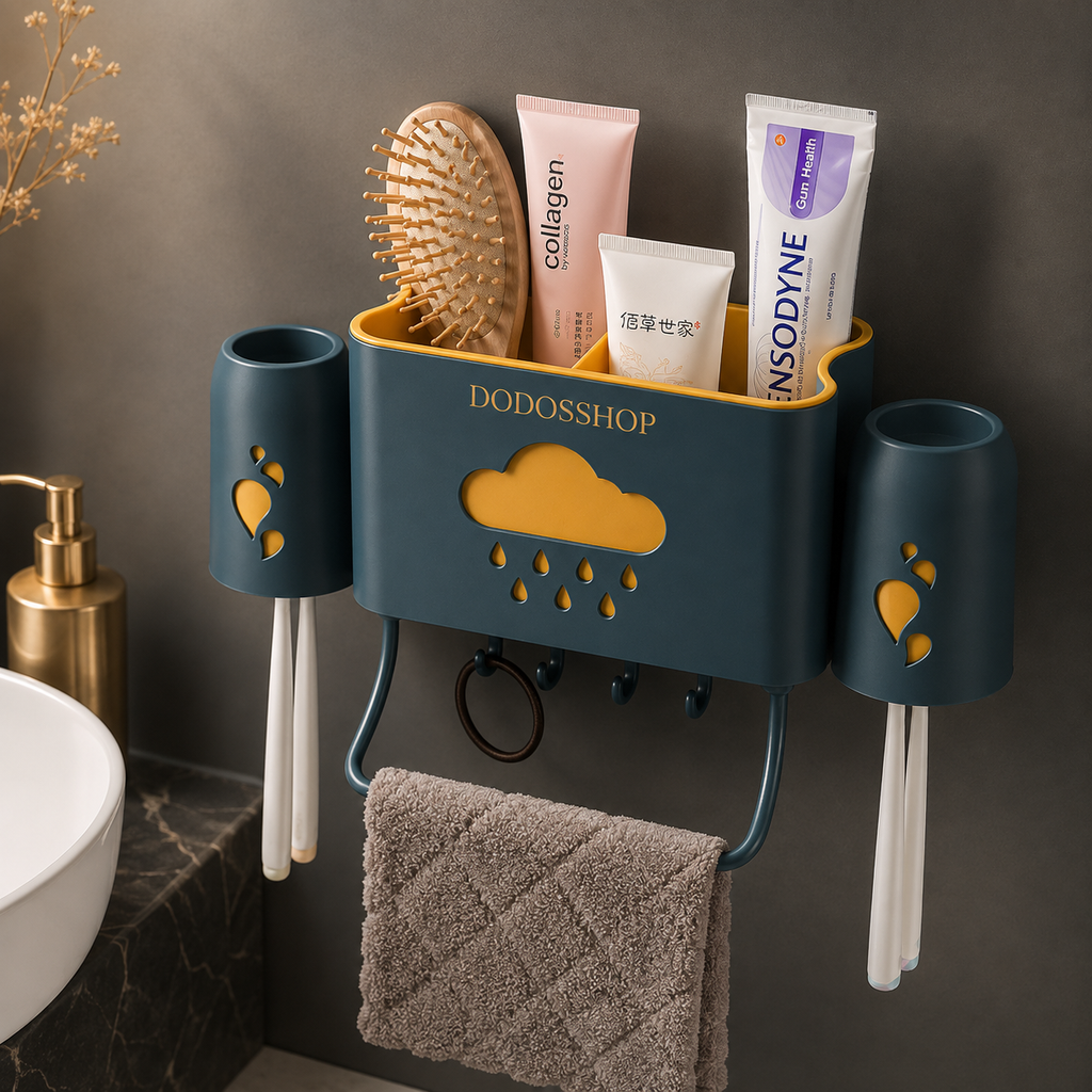 Bathroom Storage Rack
A wall-mounted bathroom organizer in dark teal with mustard yellow accents, holding toothbrushes, a toothbrush holder cup, a hairbrush, and toiletry tubes. A towel hangs from the lower hook, and the organizer is shown against a dark bathroom wall with a sink partially visible.