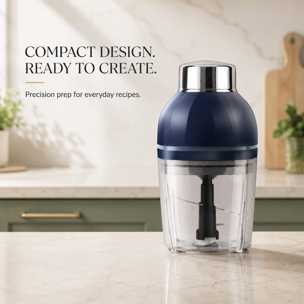 A compact electric food chopper with a navy blue top, silver lid, and clear container, standing on a light marble countertop in a kitchen setting. Text on the left reads 'COMPACT DESIGN.