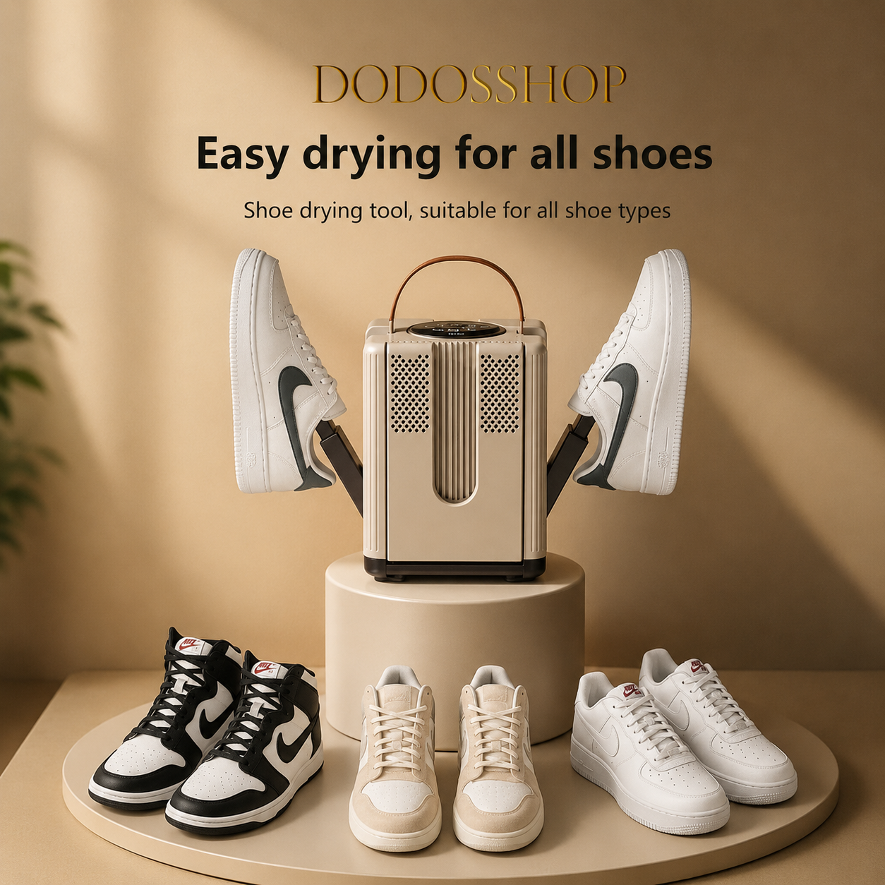 Electric Shoe Dryer

A shoe drying tool set up on a pedestal with several shoes placed inside and around it, under the DODOSSHOP branding and the text 'Easy drying for all shoes.' The device is a compact rectangular electric shoe dryer in a warm beige/cream tone with dark accents, shown in a styled indoor setting with multiple sneakers used as demonstration props.