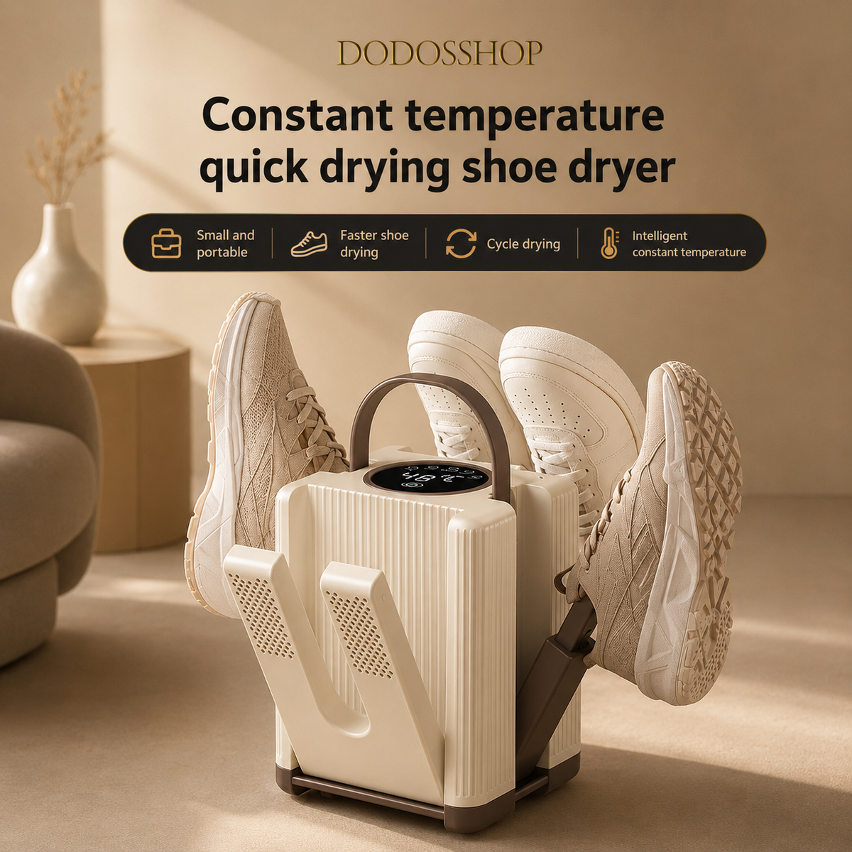 A Dodoshop constant temperature quick drying shoe dryer shown with two white sneakers inserted into its open compartments. The scene is set in a warm, modern living room with beige walls and furniture, with promotional text and feature icons displayed at the top.