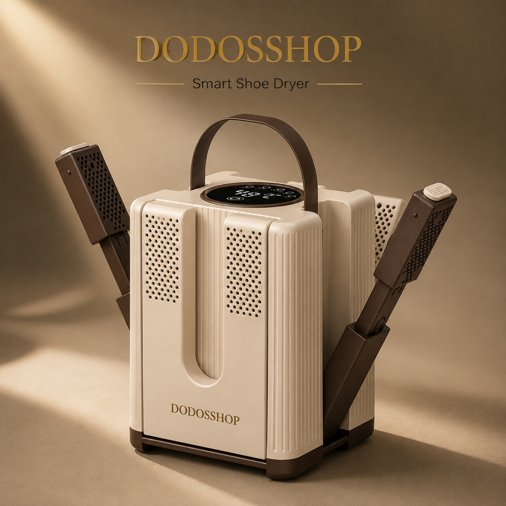 A DODOSSHOP smart shoe dryer in cream and dark brown, shown with two shoes inside the drying slots. The product is set against a warm beige background with dramatic diagonal lighting, and the brand name 'DODOSSHOP' is displayed at the top.