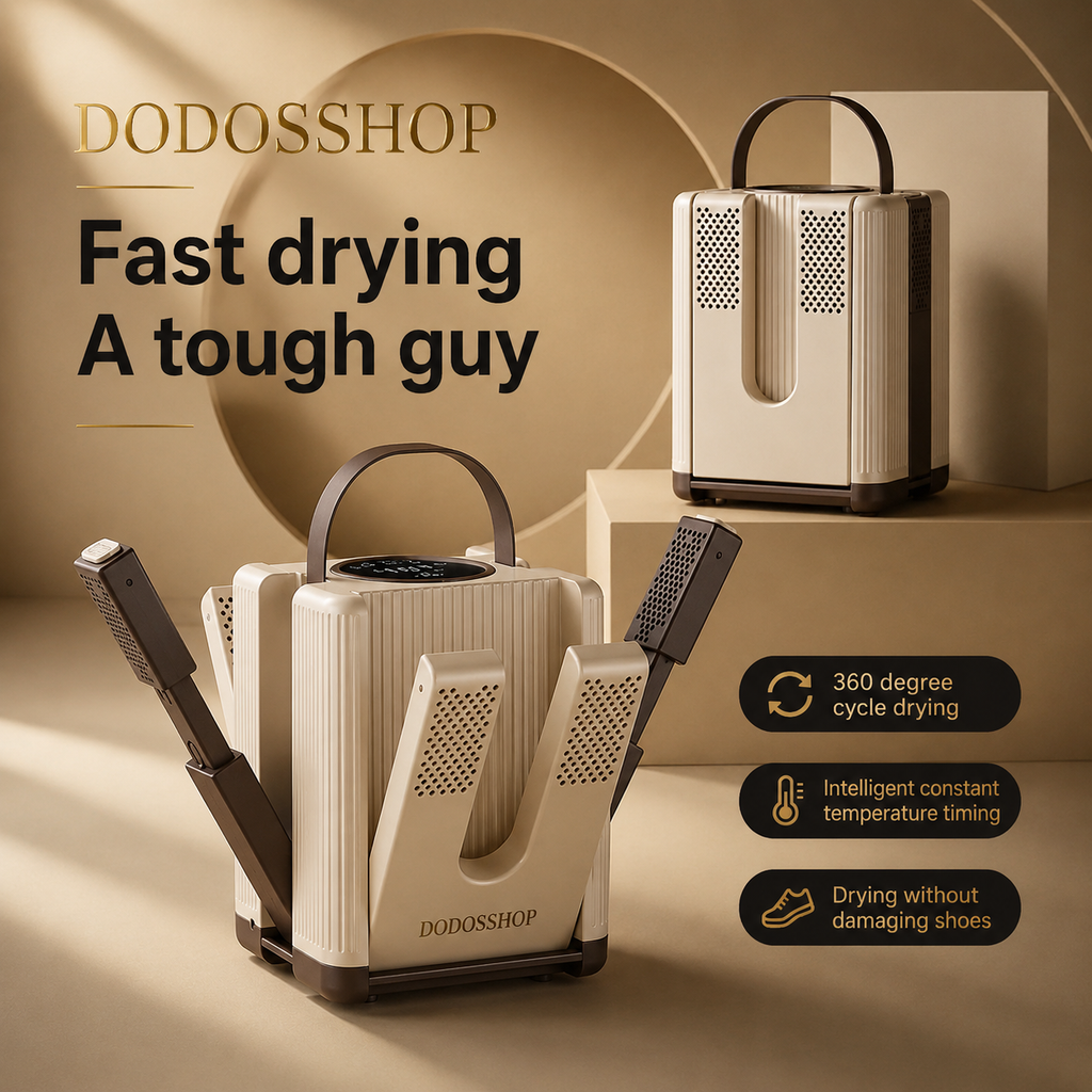 A DODOSSHOP electric shoe dryer shown in a clean studio setup with no people or real environment, so subject_type is Product/Packaging. The main product is a cream/off-white dryer with dark brown handles and base, plus small dark vent details.