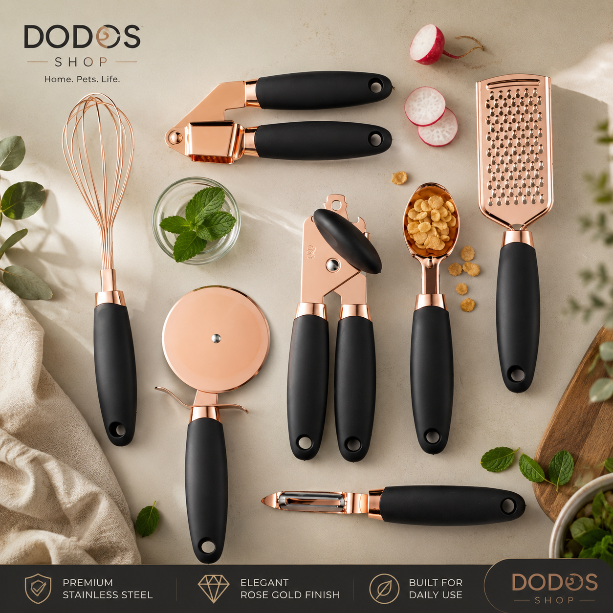 Elegant Stainless Steel Kitchen Tool Set

A flat-lay of a 9-piece kitchen utensil set by DODOS SHOP, featuring elegant rose gold and matte black handles with stainless steel heads, arranged on a neutral beige background with food props.