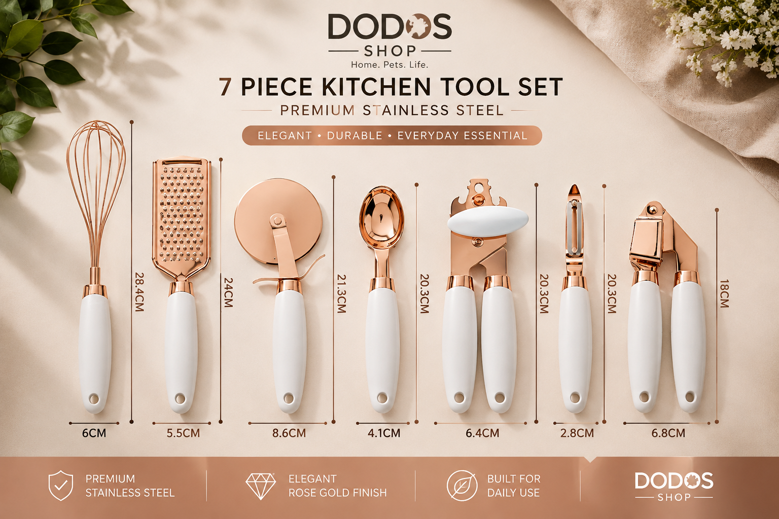 Elegant Stainless Steel Kitchen Tool Set

A 7-piece kitchen tool set displayed on a beige background with product dimensions and feature icons. The set includes a whisk, grater, pizza cutter, spoon, peeler, slicer, and chopper, all in rose gold and white.