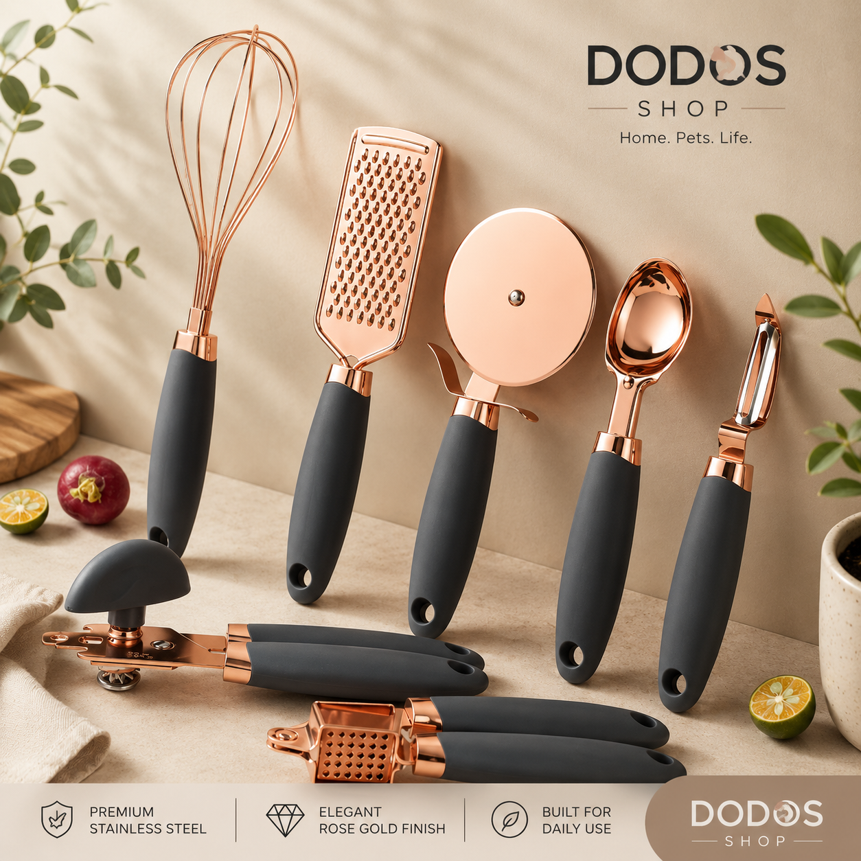 Elegant Stainless Steel Kitchen Tool Set

A 9-piece kitchen utensil set with matte dark gray handles and rose gold metal heads, displayed on a beige fabric background with decorative food props. The brand 'DODOS SHOP' is visible in the top right and bottom right corners.