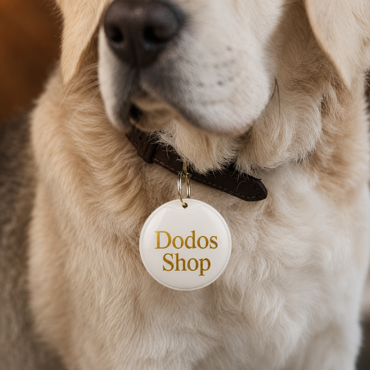 GPS Pet Tracker
A close-up of a cream-colored dog wearing a dark brown collar with a round white tag that reads 'Dodos Shop' in gold lettering.
