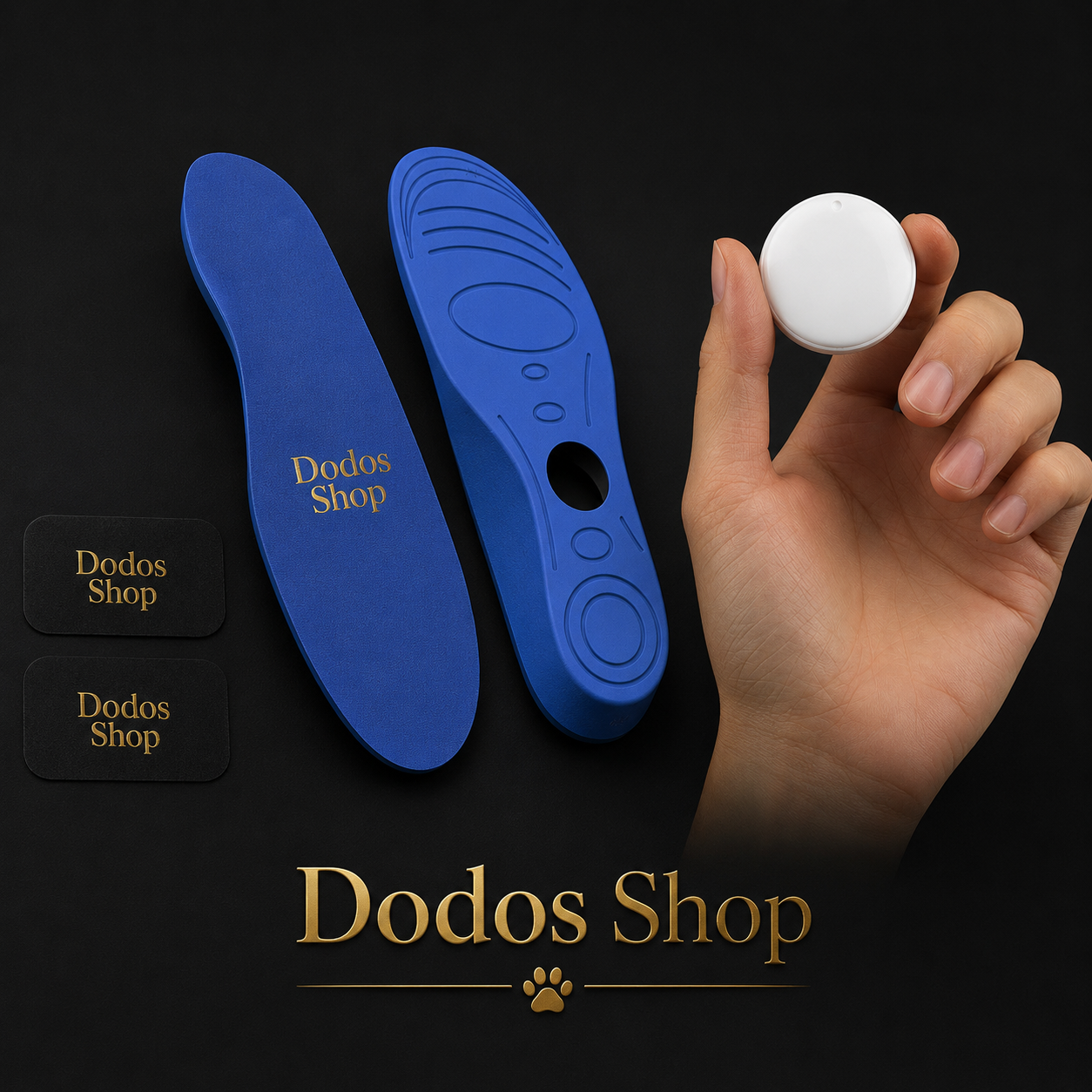 GPS Pet Tracker
Blue insoles and a small white round item held in a hand on a black background, with Dodos Shop branding visible on the insoles and as a large text overlay.