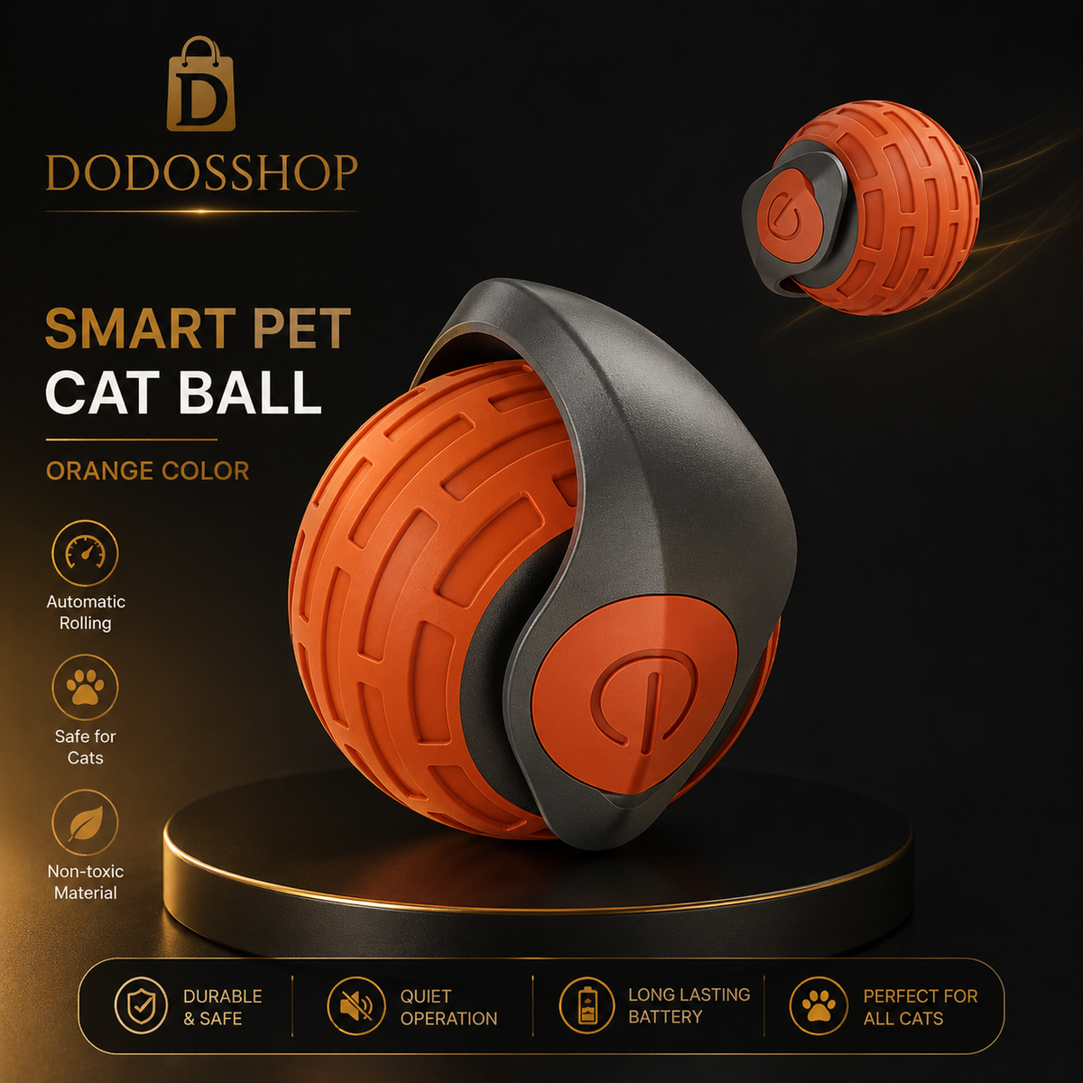 An orange and dark gray smart pet cat ball toy displayed on a black pedestal against a dark background, with product features and the DODOSSHOP
