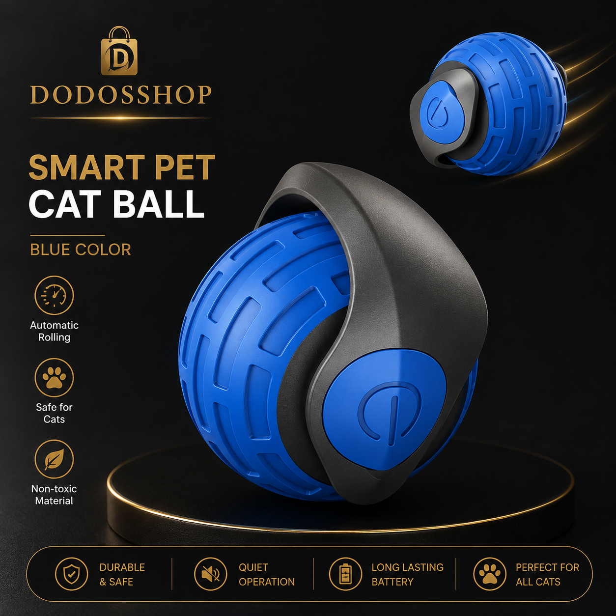Blue and black smart pet cat ball toy shown on a black promotional background with product text, icons, and a floating secondary view of the ball.