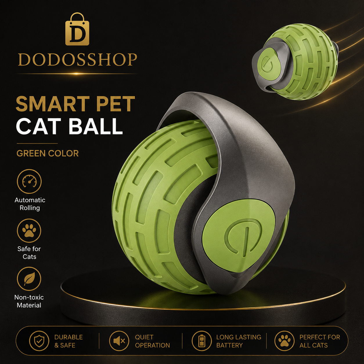 A smart pet cat ball toy in green and dark gray, shown on a black background with promotional text and feature icons. The main product is displayed prominently in the center, with a smaller floating view of the same ball in the upper right.