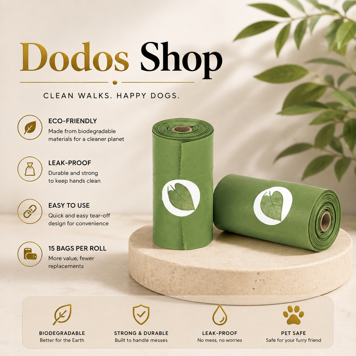 LED Waste Bag Dispenser
Two rolls of green dog poop bags on a round stone pedestal, with promotional text for Dodos Shop and leaf graphics in the background.