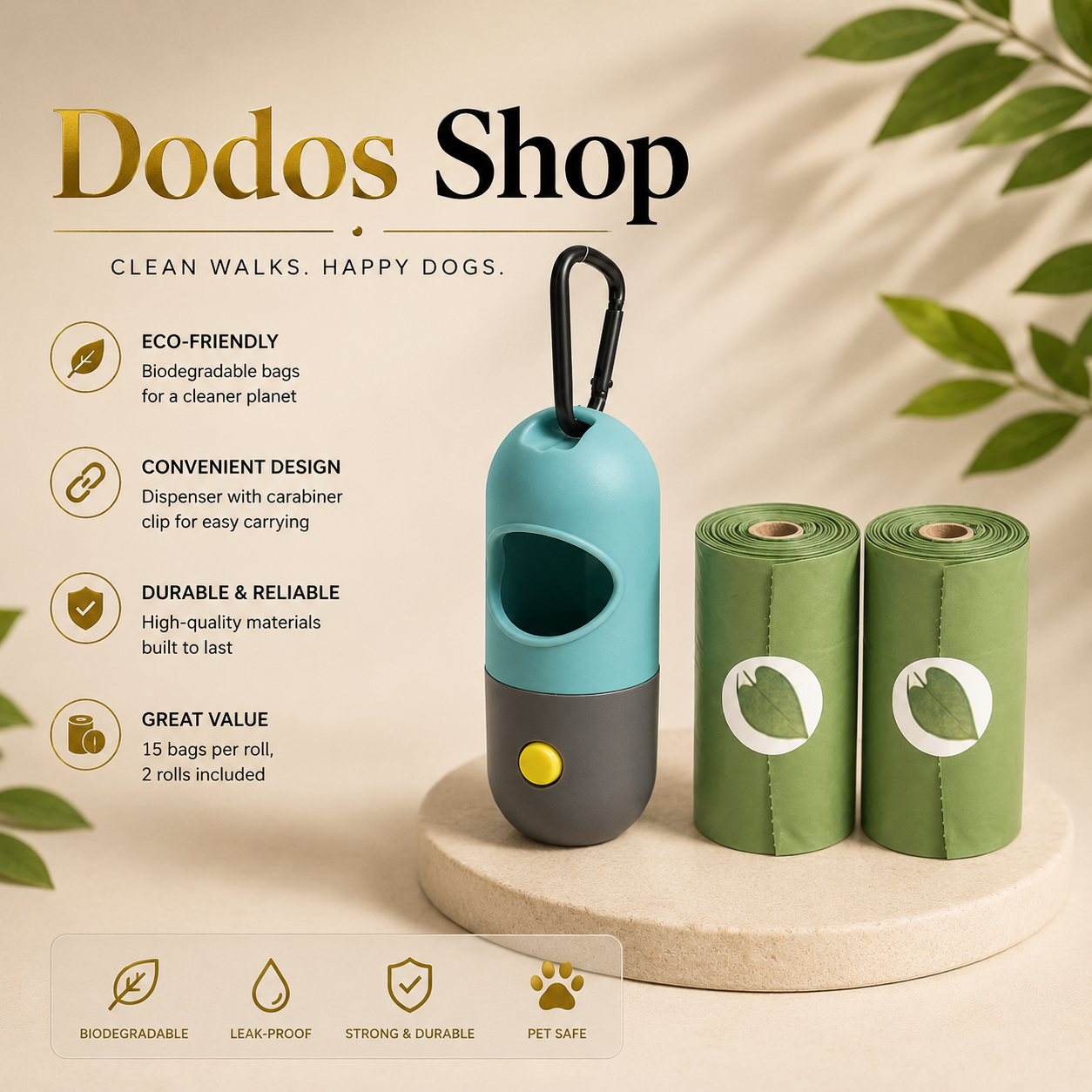 LED Waste Bag Dispenser
A dog poop bag dispenser and two rolls of biodegradable dog poop bags on a beige platform, with promotional text and leaf graphics from Dodos Shop.