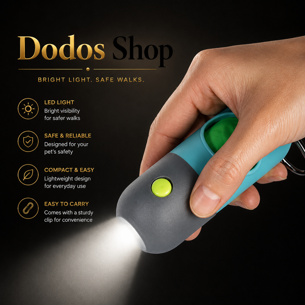 LED Waste Bag Dispenser
A hand holding a Dodos Shop pet walk light against a black background, with product features listed on the left. The walk light is teal and gray with a bright green button and a white LED light beam shining out.