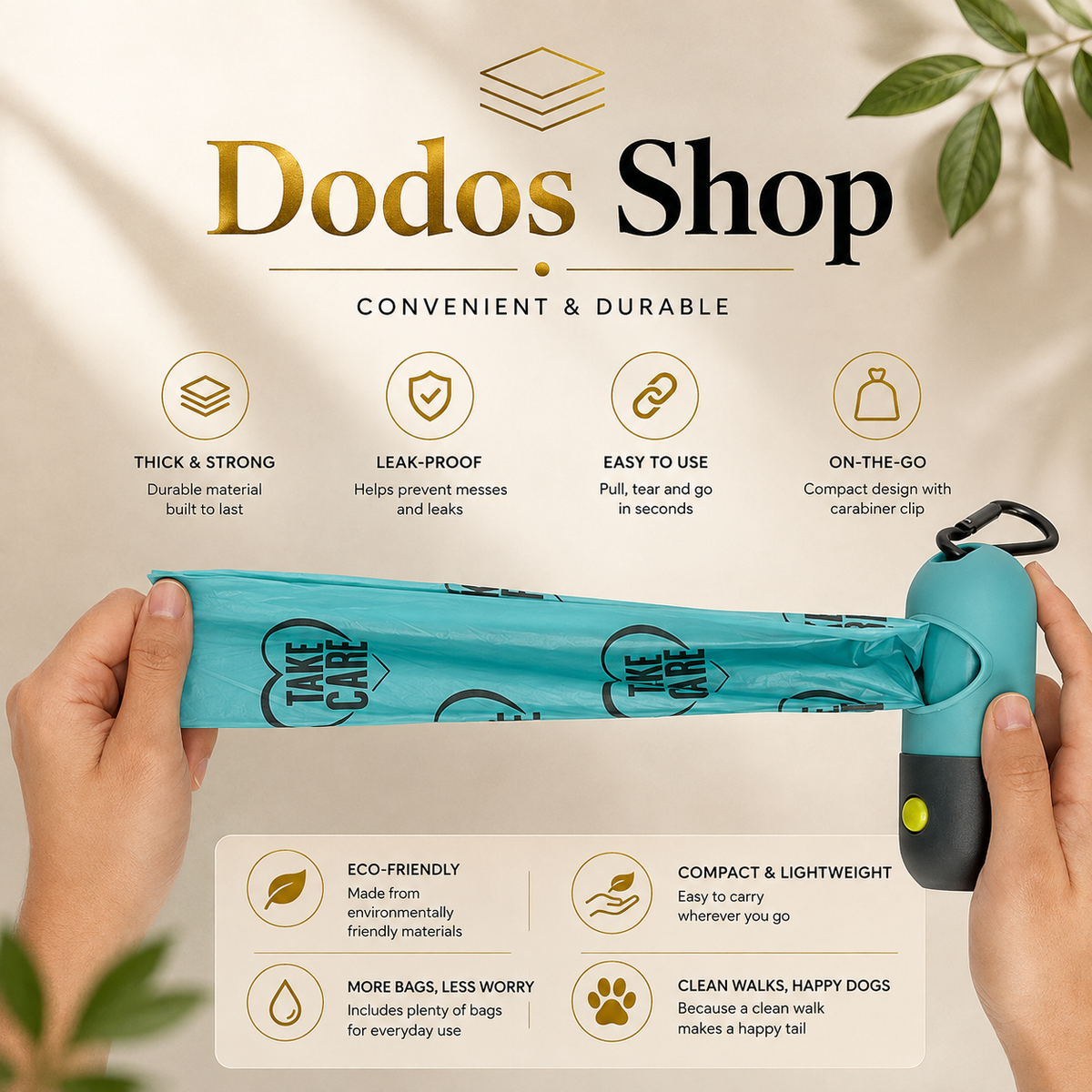 LED Waste Bag Dispenser
A person holds an open teal pet poop bag with a black and yellow Dodos Shop logo, shown against a warm beige background with product feature icons and text. The bag is branded Dodos Shop and features a teal body with black and yellow accents.