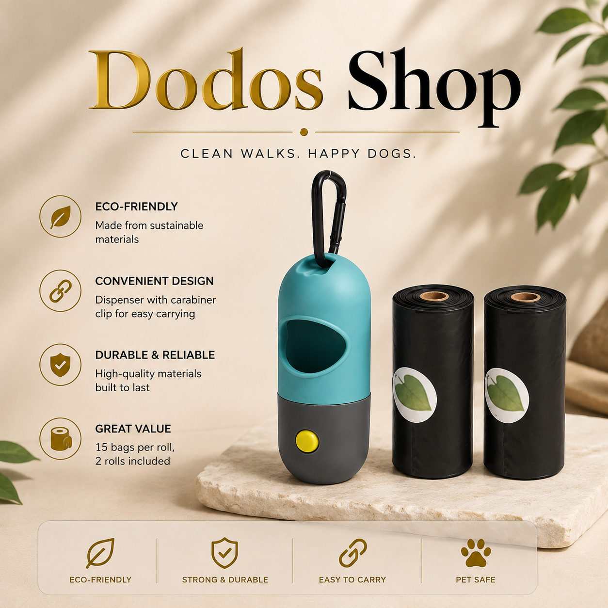 LED Waste Bag Dispenser
A pet waste bag dispenser set by Dodos Shop, featuring a teal and dark gray portable dispenser with a black carabiner clip, shown alongside two black pet waste bags on a stone slab against a warm beige background with promotional text.