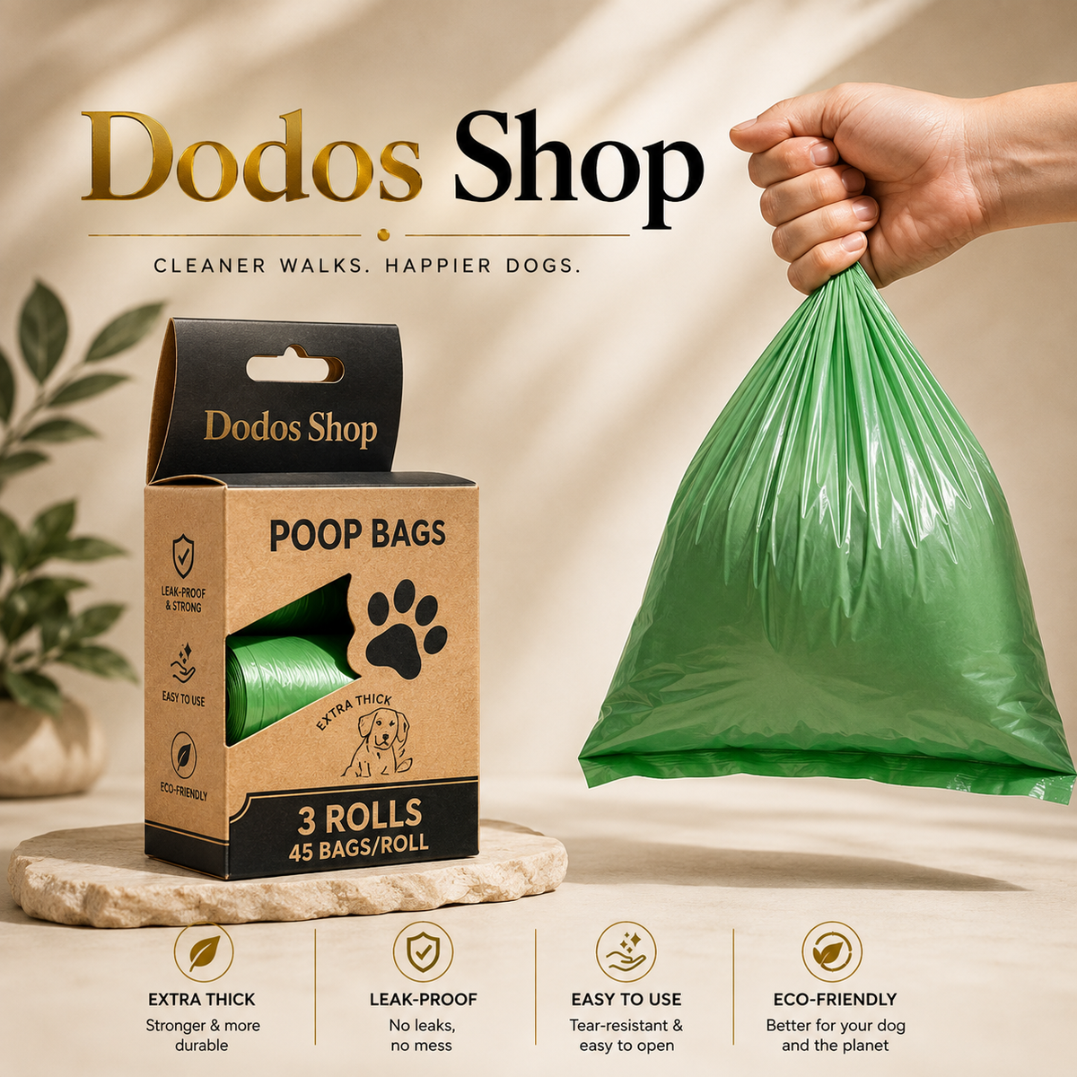 LED Waste Bag Dispenser
A hand holds a translucent green poop bag next to its brown cardboard packaging box labeled 'Dodos Shop POOP BAGS'. The scene includes marketing text and feature icons at the bottom on a warm beige background.