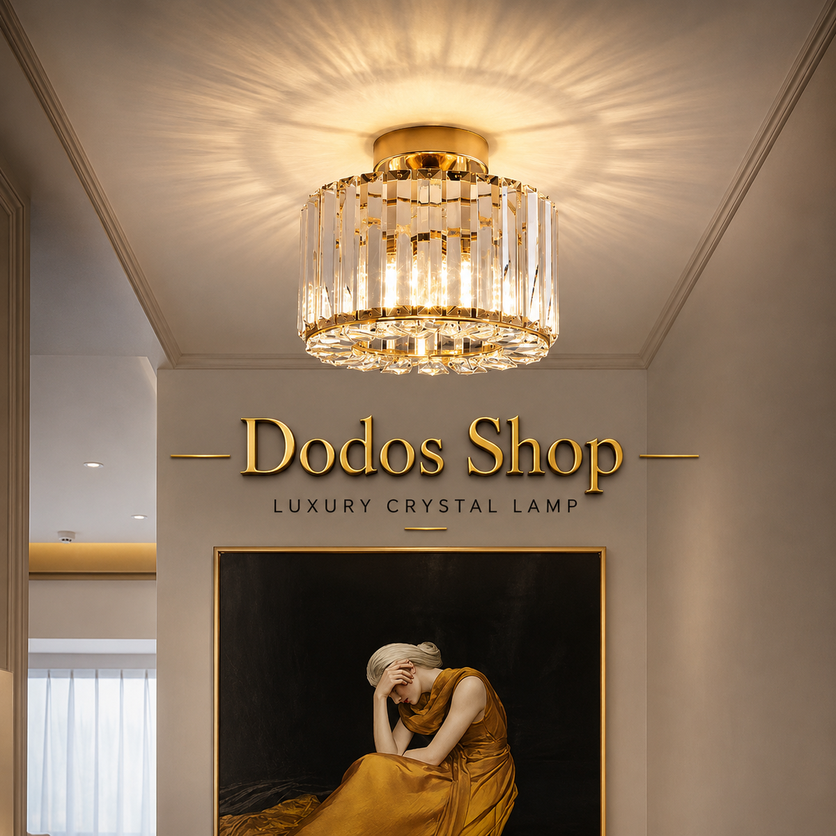 Luxury Crystal Lamp
A luxury crystal chandelier light fixture with gold-toned metal and clear hanging prisms, mounted on a ceiling in an elegant interior. The wall below features the text 'Dodos Shop' and 'LUXURY CRYSTAL LAMP' above a framed portrait.