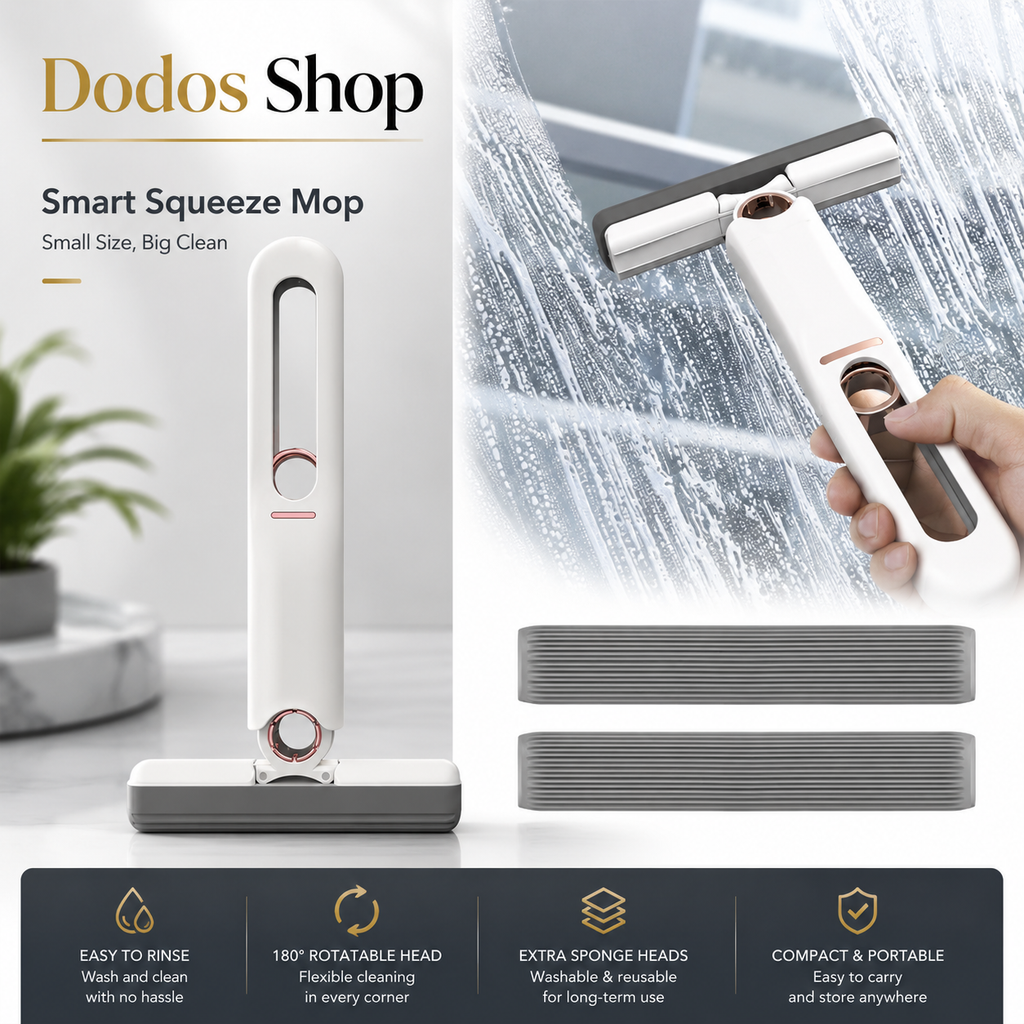 Dodos Shop Smart Squeeze Mop shown in a promotional composite: a white handheld mop with a rotating head and sponge head, a hand using it against a window, two sponge heads, and feature callouts at the bottom.