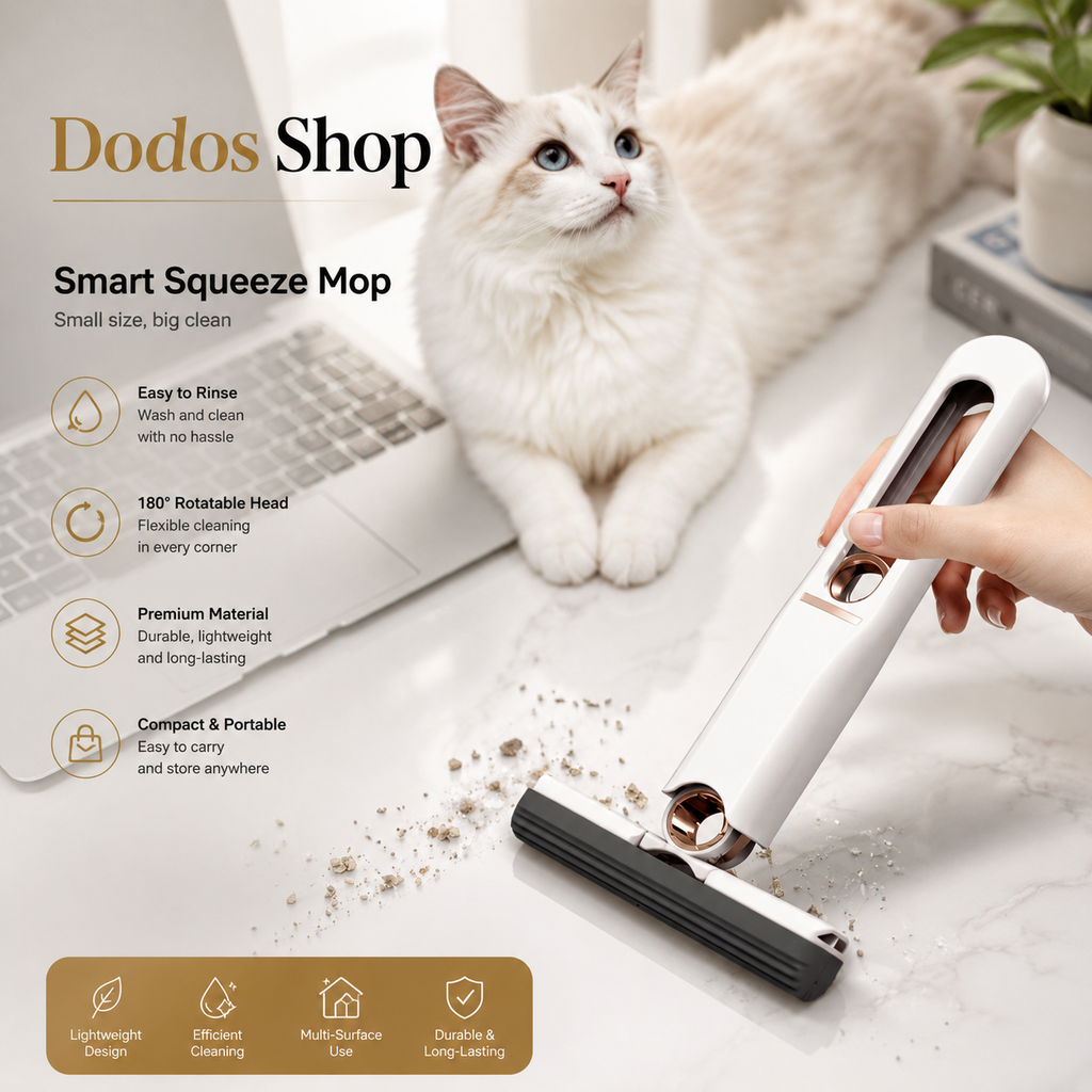 A white and black Dodos Shop Smart Squeeze Mop being held by a hand, shown cleaning floor debris on a light surface. A white cat sits in the background near a laptop, with product feature callouts and a brand banner visible.