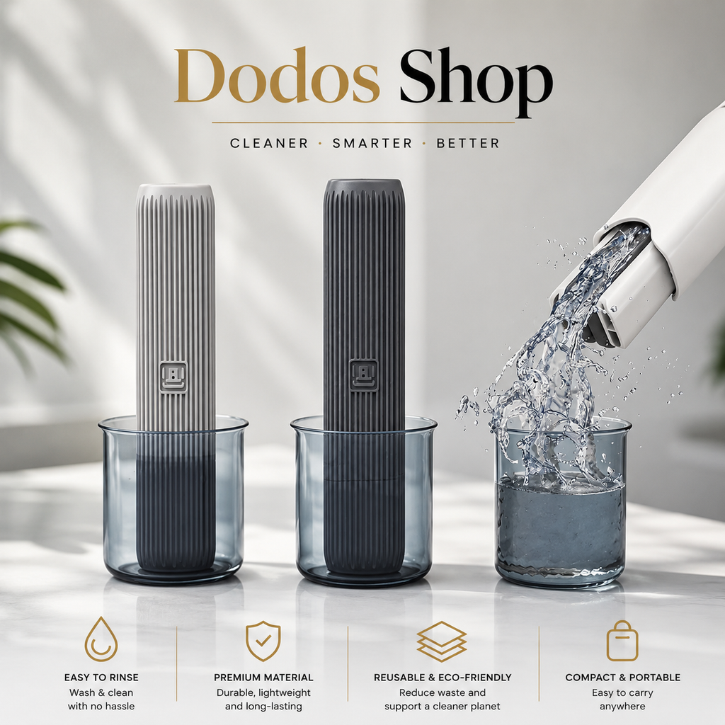 Two reusable water filter pitchers by Dodos Shop sit in clear cups on a light surface, with water being poured into one cup. The left pitcher is light gray and the right is dark gray.