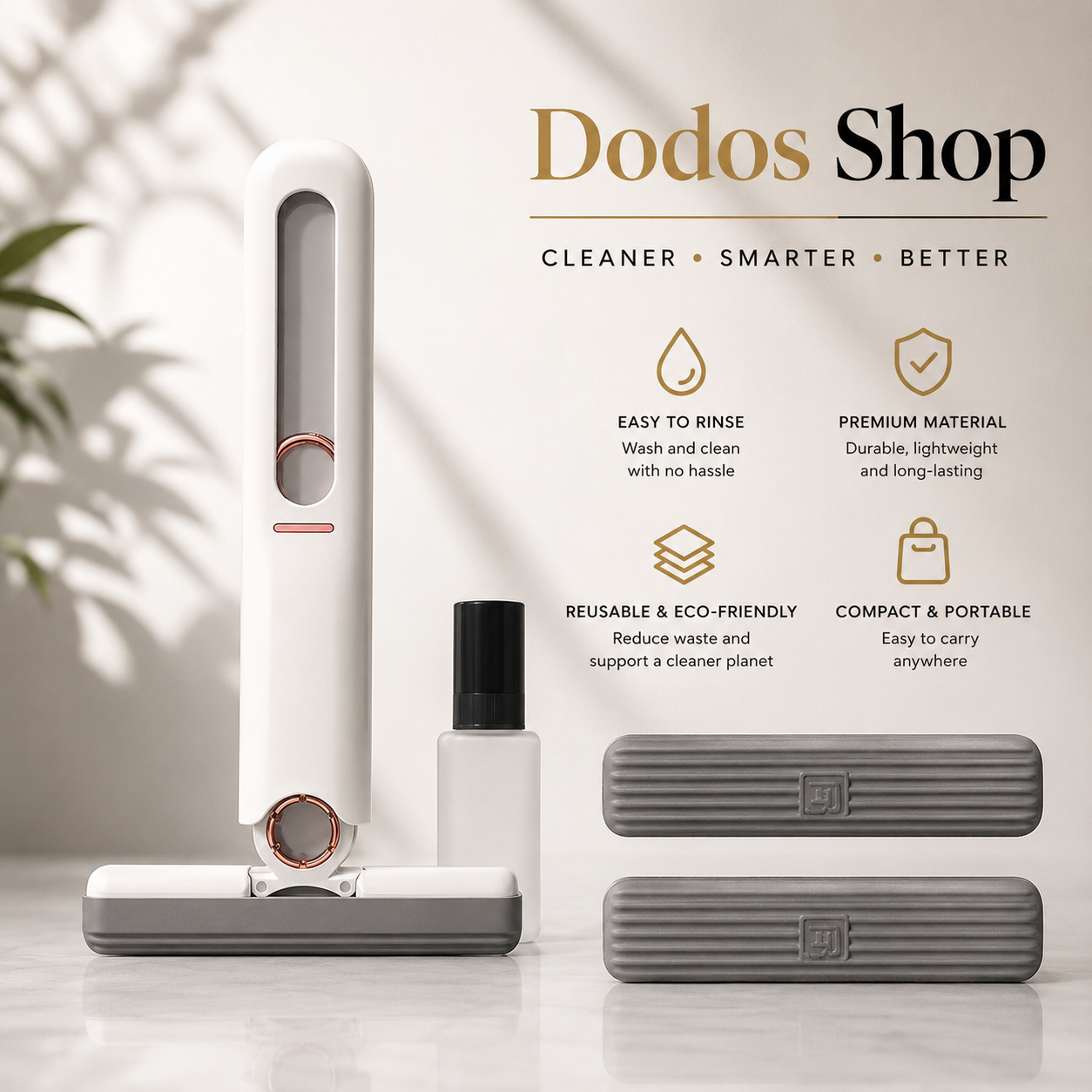 Mini Sponge Mop
A Dodos Shop reusable face-wash dispenser set shown on a clean light beige background with soft shadow overlays. The set includes a tall white dispenser with a gray base, a small white bottle with a black cap, and two gray rectangular refill cartridges.