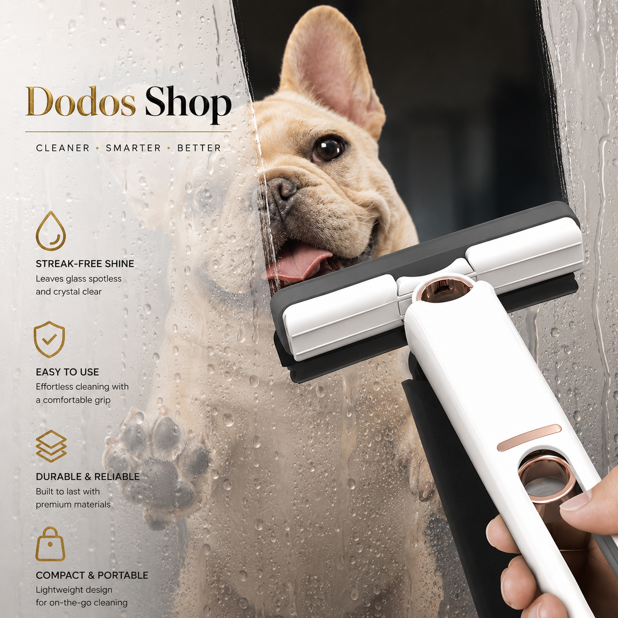 Mini Sponge Mop
A hand holds a white and black Dodos Shop pet window cleaner against a wet glass surface, with a French bulldog peeking through the glass. The left side features marketing text and icons for the product.