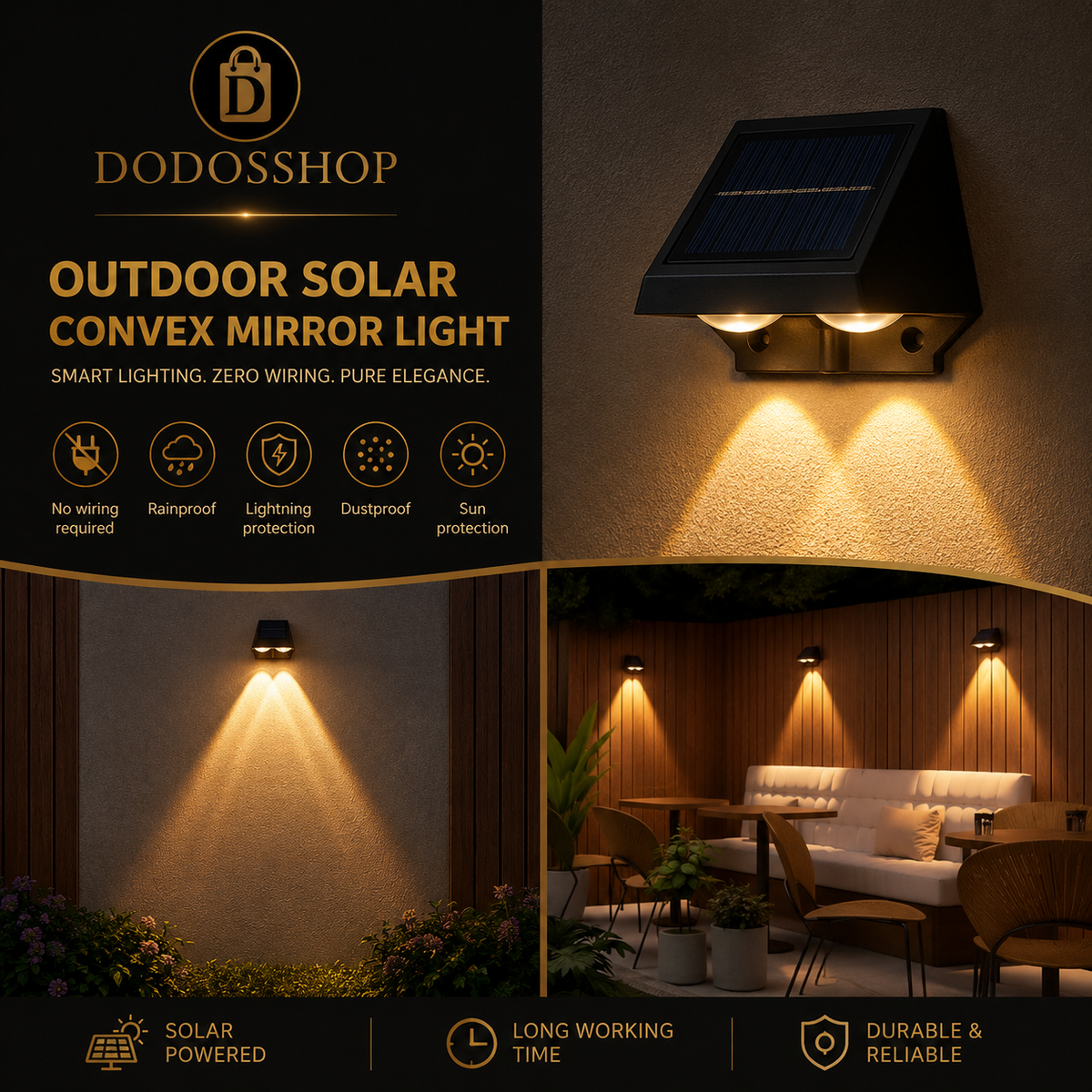 Outdoor Solar Wall Light
DODOSSHOP outdoor solar convex mirror light shown in a promotional collage with product features, close-up of the light mounted on a wall, and an outdoor patio scene illuminated by the light.