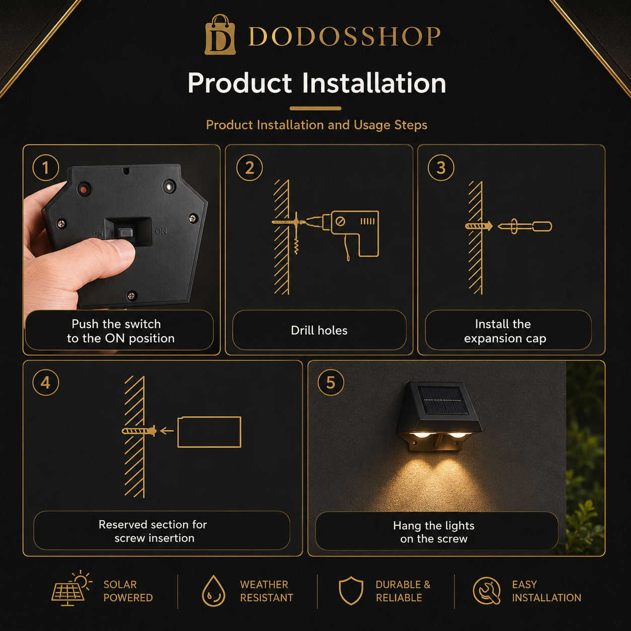 Outdoor Solar Wall Light

Product installation guide for DODOSSHOP solar wall lights, showing five numbered steps: pushing a switch on the back of the light, drilling holes, installing the expansion cap, marking a screw insertion spot, and hanging the light on a wall. The guide includes feature icons for solar powered, weather-resistant, durable, and easy installation.