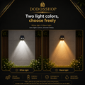 Outdoor Solar Wall Light

Promotional graphic for a DODOSSHOP solar outdoor wall light showing two light modes: 'White light' casting a cool white beam and 'Warm light' casting a warm golden beam, set against a dark textured wall with plants.