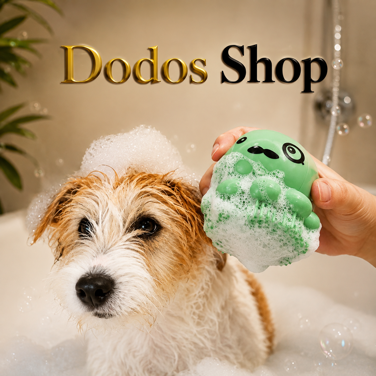 Pet Bath Brush
A wet dog in a bubble bath while being cleaned with a green cartoon-shaped foam sponge held by a hand. Large text at the top reads 'Dodos Shop'.