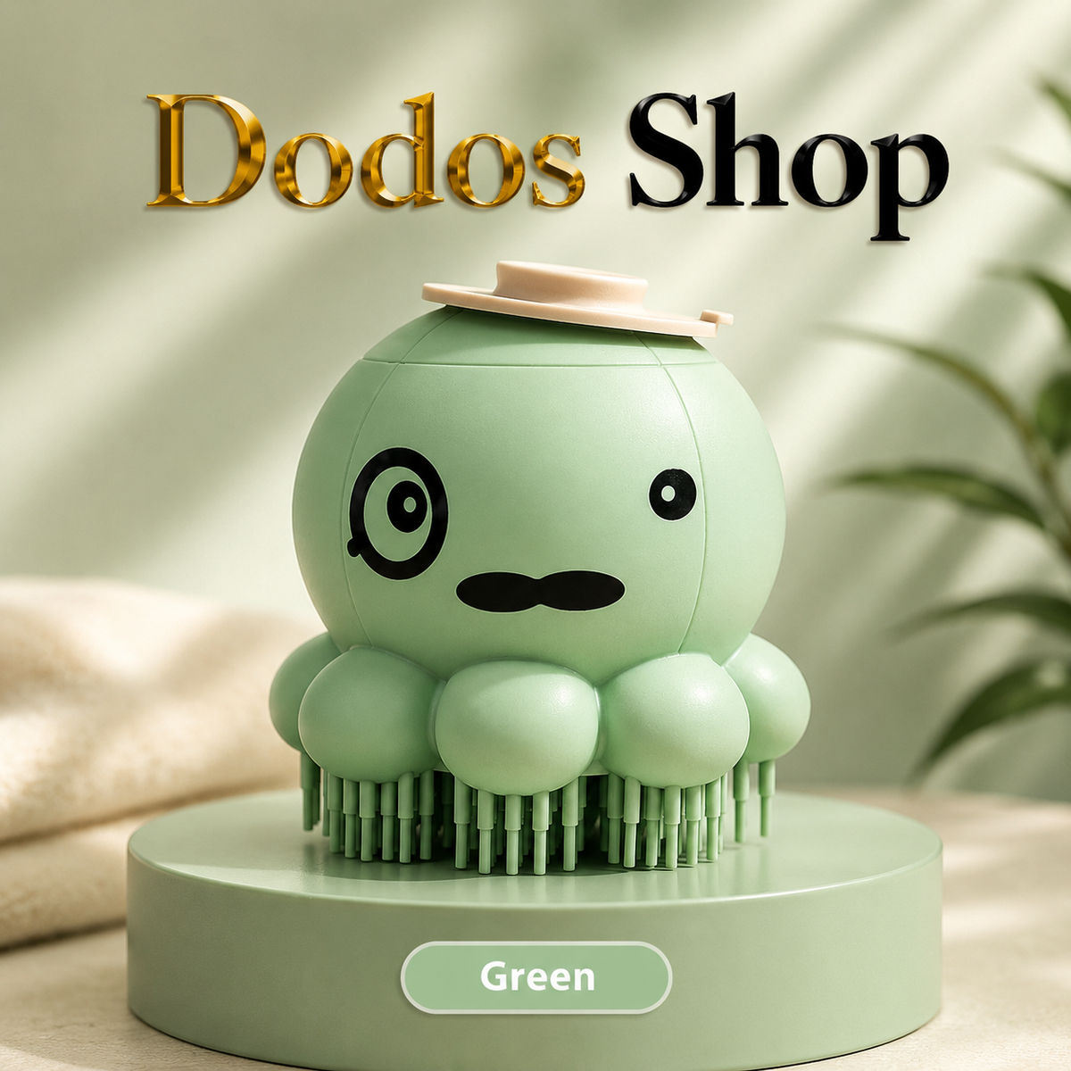 Pet Bath Brush
A mint green octopus-shaped hair brush with a small beige hat on top, displayed on a matching round stand labeled 'Green' with the text 'Dodos Shop' above. The background is a softly lit beige interior with blurred plant leaves.