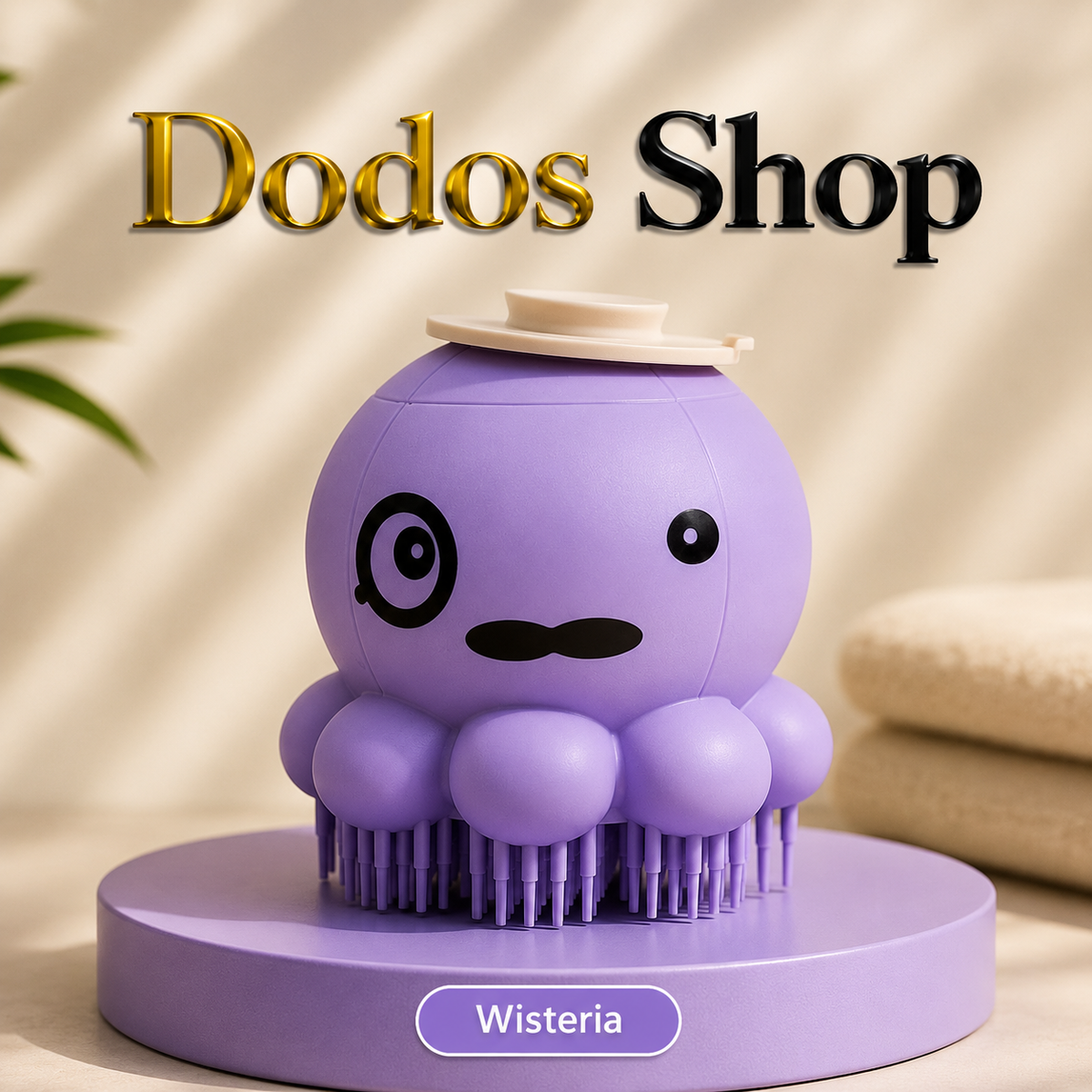 Pet Bath Brush
A purple octopus-shaped hair brush with a small hat and mustache, displayed on a round pedestal labeled 'Wisteria' with 'Dodos Shop' text above, against a softly lit beige background.
