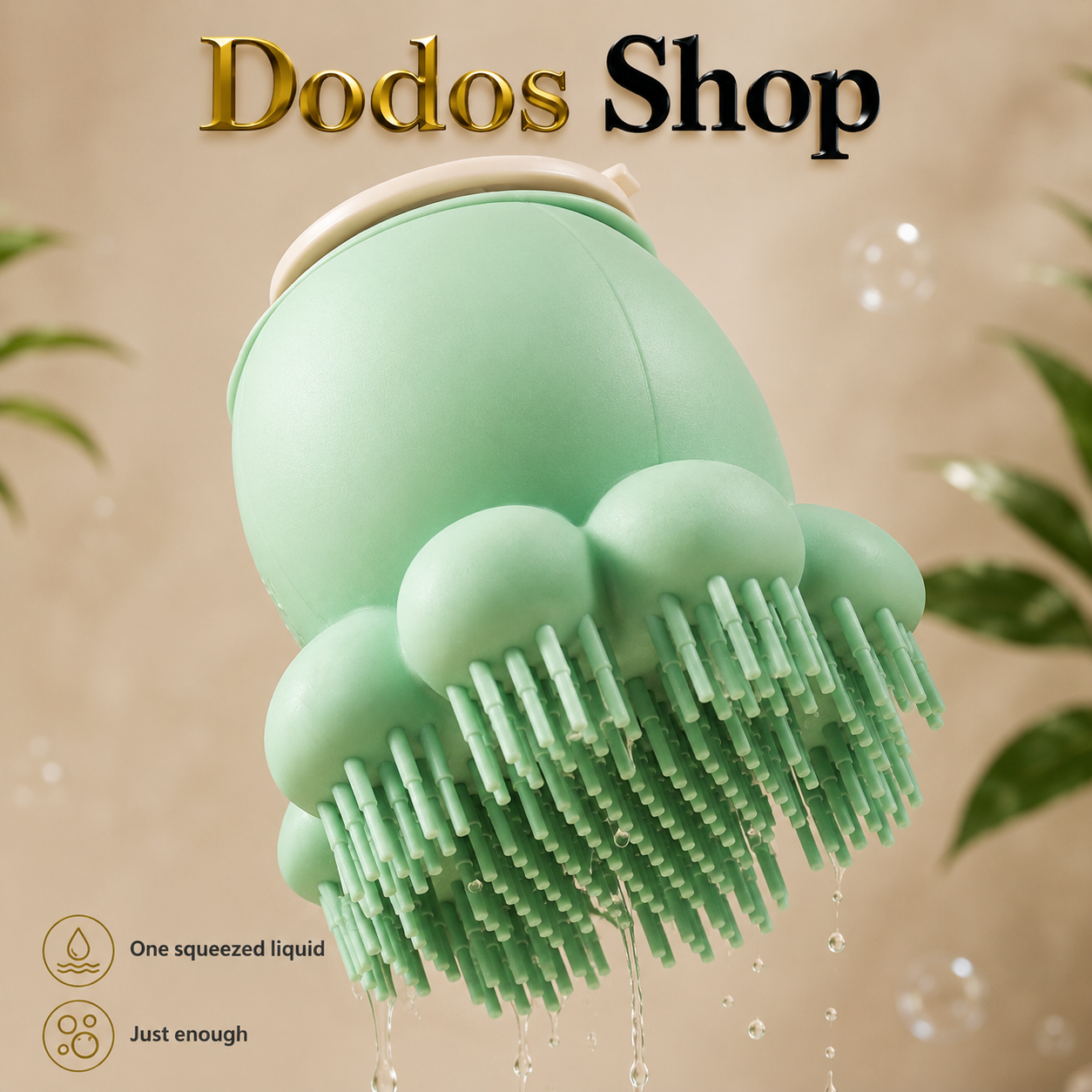Pet Bath Brush
A mint green octopus-shaped scalp massager shower head with silicone bristles, shown with water dripping from the bottom. The background is a warm beige with decorative leaves, and the text 'Dodos Shop' is visible at the top.