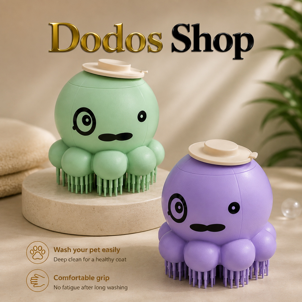 Pet Bath Brush
Two octopus-shaped pet grooming brushes in mint green and lavender purple, each with a small beige hat on top, displayed on a beige surface with a pedestal. The background is a warm beige with a blurred plant in the corner.