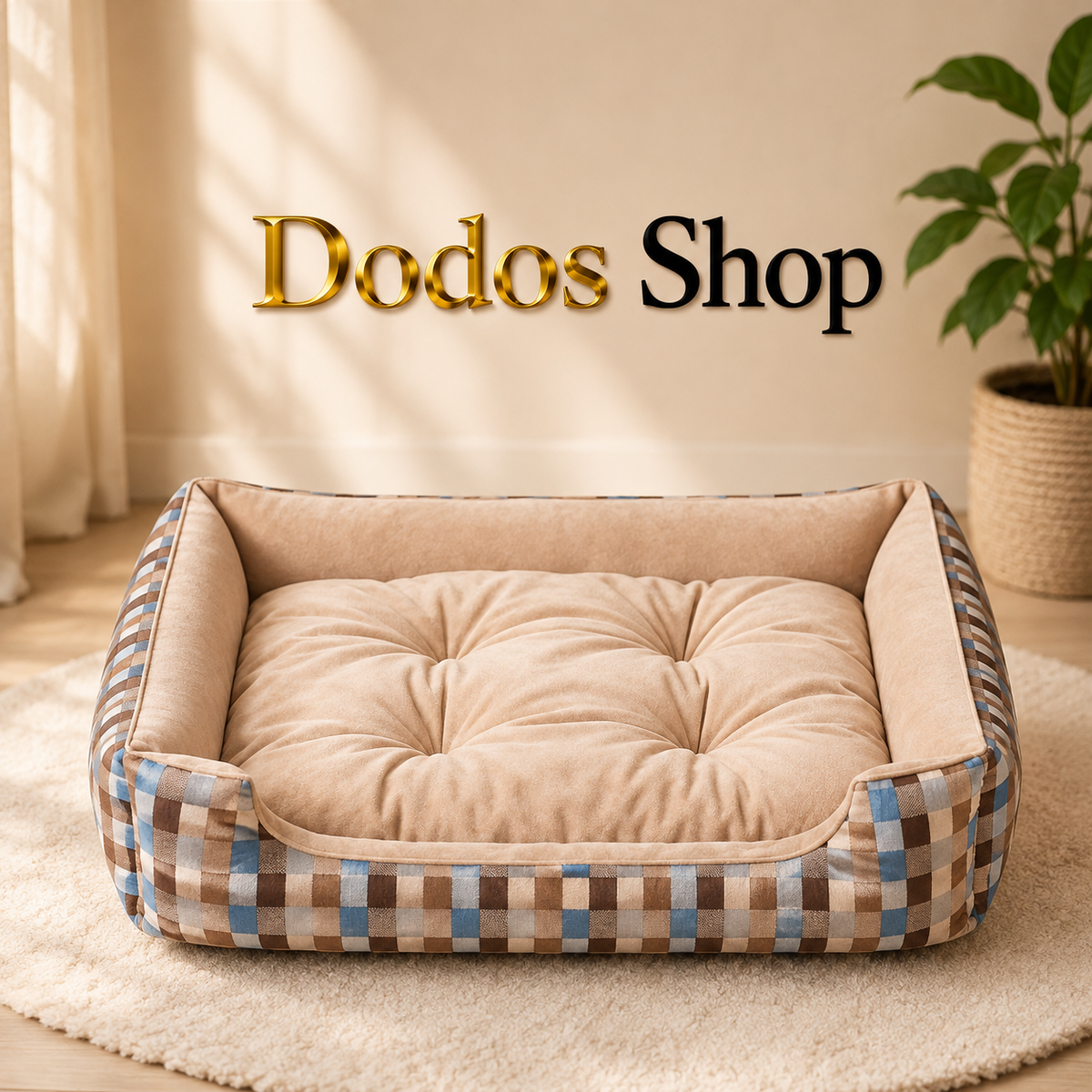 A plush rectangular pet bed with a tufted cream cushion and a checkered fabric border in beige, brown, and light blue, placed on a white rug in a softly lit room. The words 'Dodos Shop' appear above the bed.