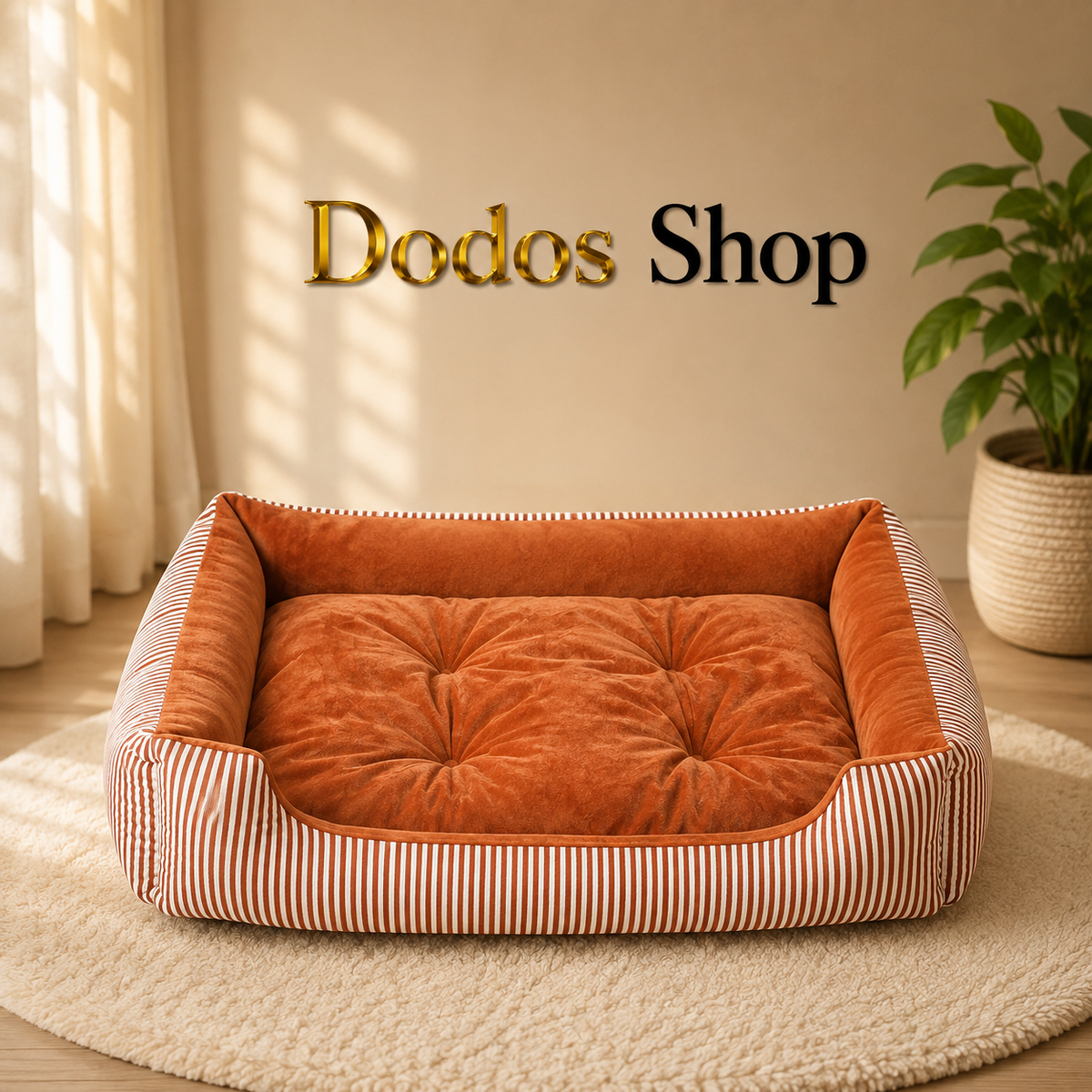 An orange-brown tufted pet bed with striped sides sits on a cream rug in a styled room. The words 'Dodos Shop' are displayed on the wall above the bed.