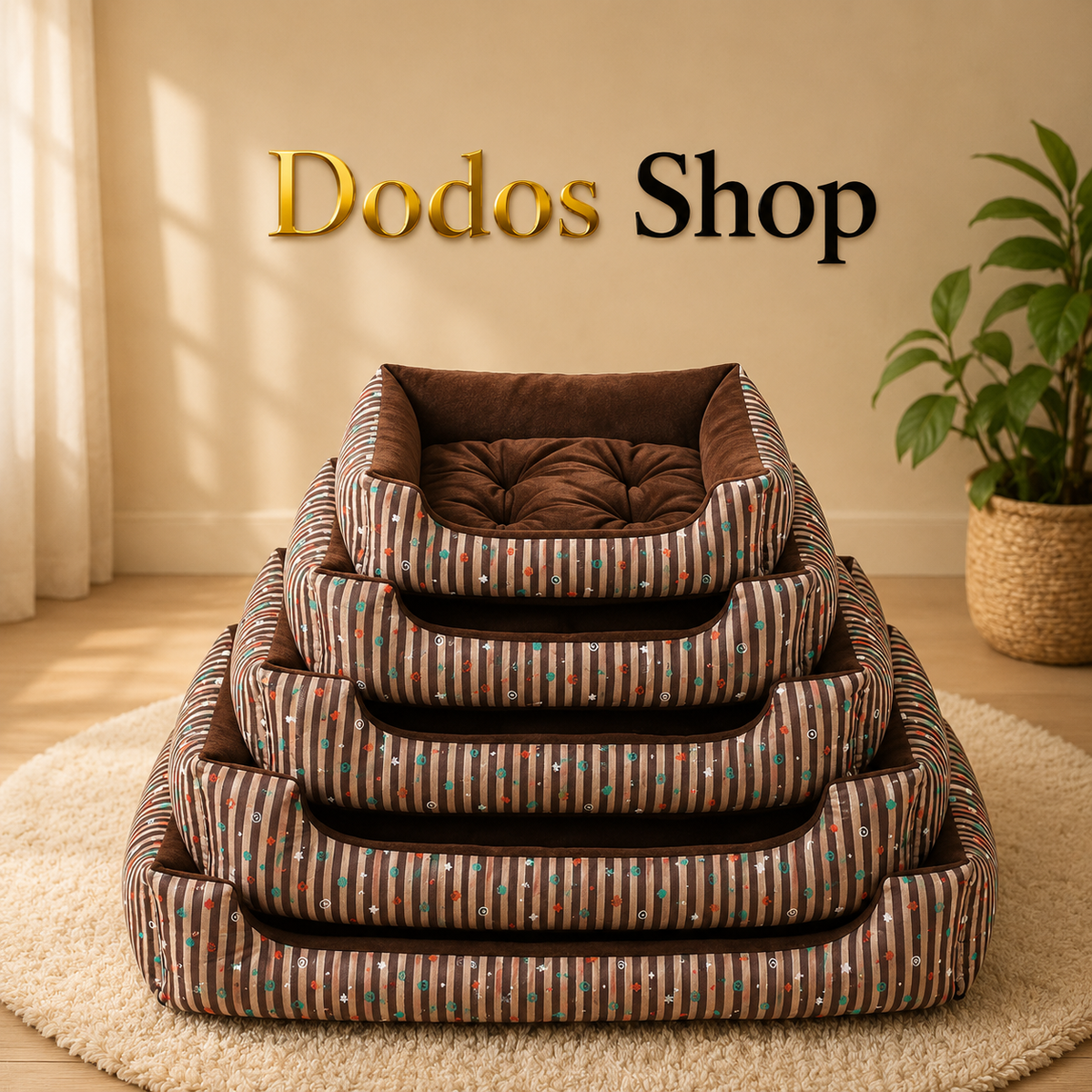 Five nested rectangular pet beds with striped brown, beige, and teal fabric and a tufted brown cushion inside each bed, stacked on a cream rug in a warm room. The words 'Dodos Shop' appear above the beds.