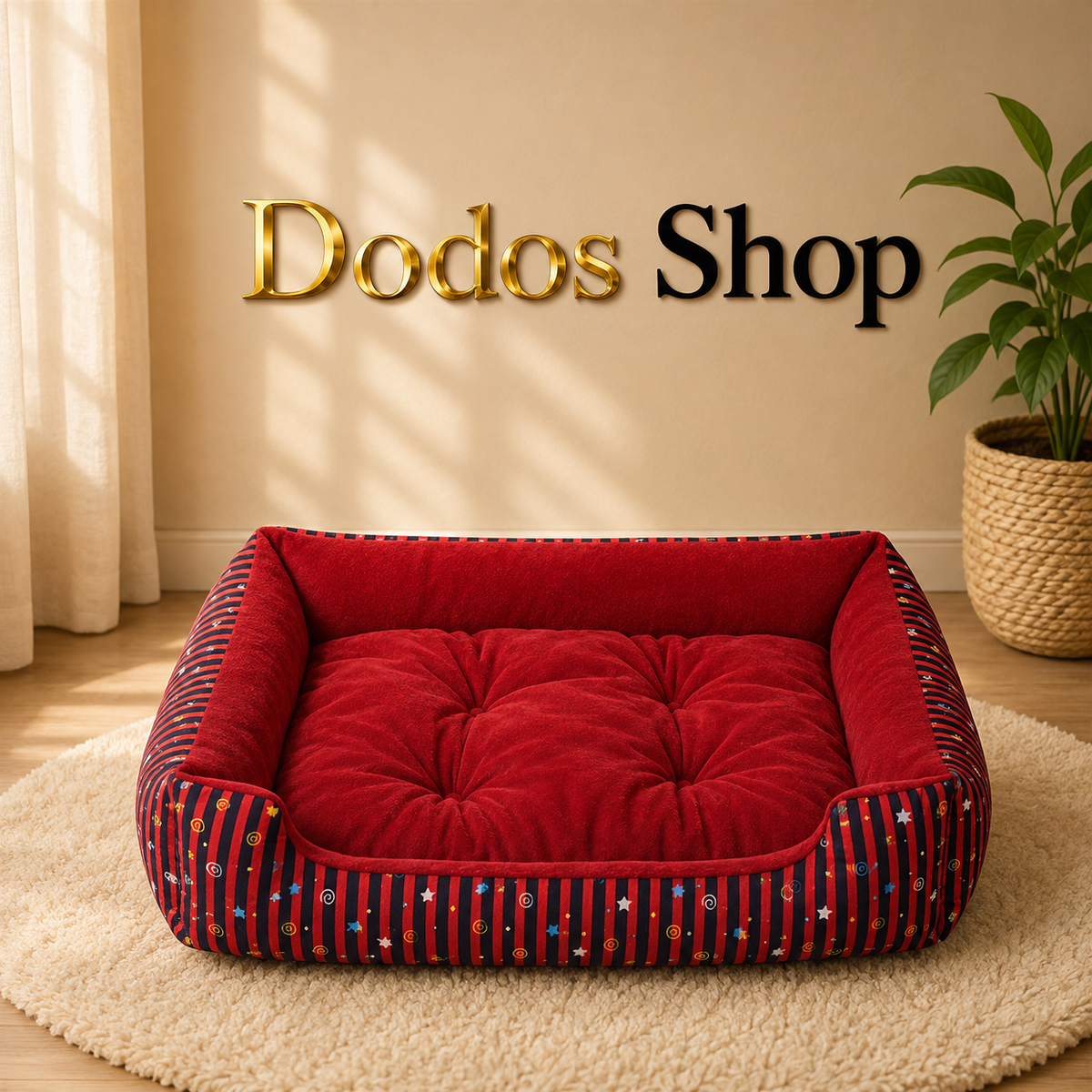 A red tufted pet bed with striped sides sits on a cream rug in a styled room. The wall behind features a gold and black 'Dodos Shop' sign, and a potted plant is visible on the right.