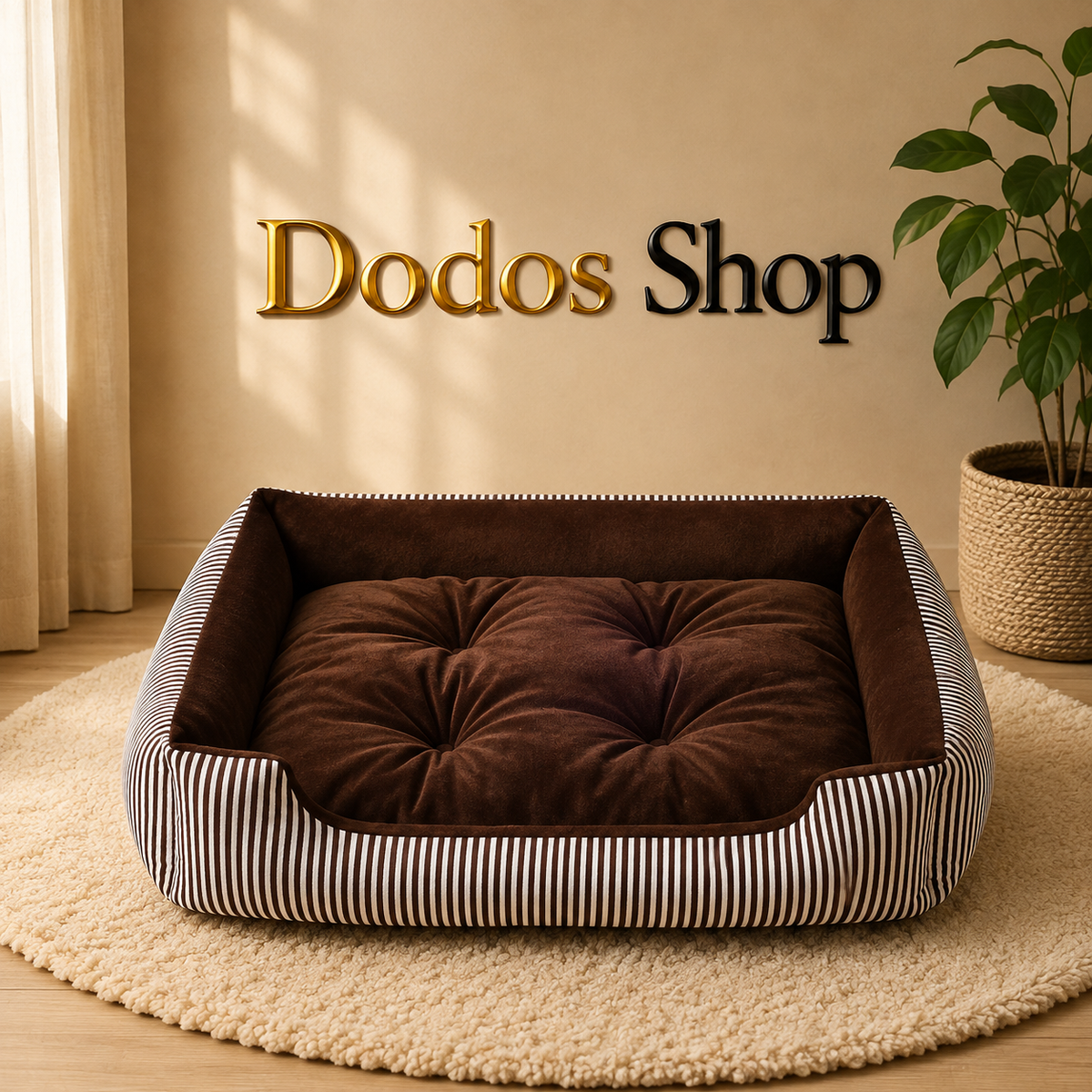 A plush pet bed with a brown tufted cushion and a cream-and-dark-striped border, placed on a round beige rug in a styled room. The words 'Dodos Shop' appear on the wall behind it, and a potted plant sits to the right.