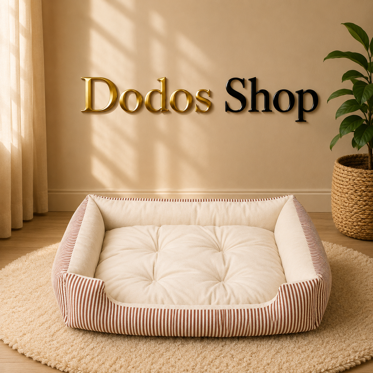 A tufted pet bed with cream cushions and pink-and-white striped sides, placed on a beige rug in a styled room. The wall behind it has the words 'Dodos Shop' in gold and black lettering, and a potted plant sits to the right.