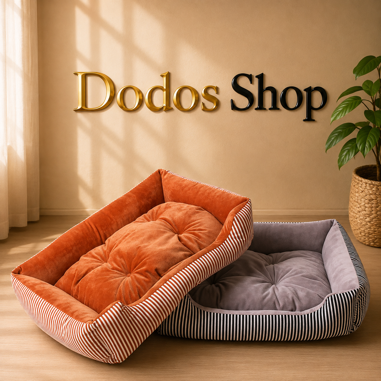Two plush rectangular pet beds displayed on a wooden floor in a styled room. The front bed is orange with a striped border, and the bed behind it is gray with a striped border.