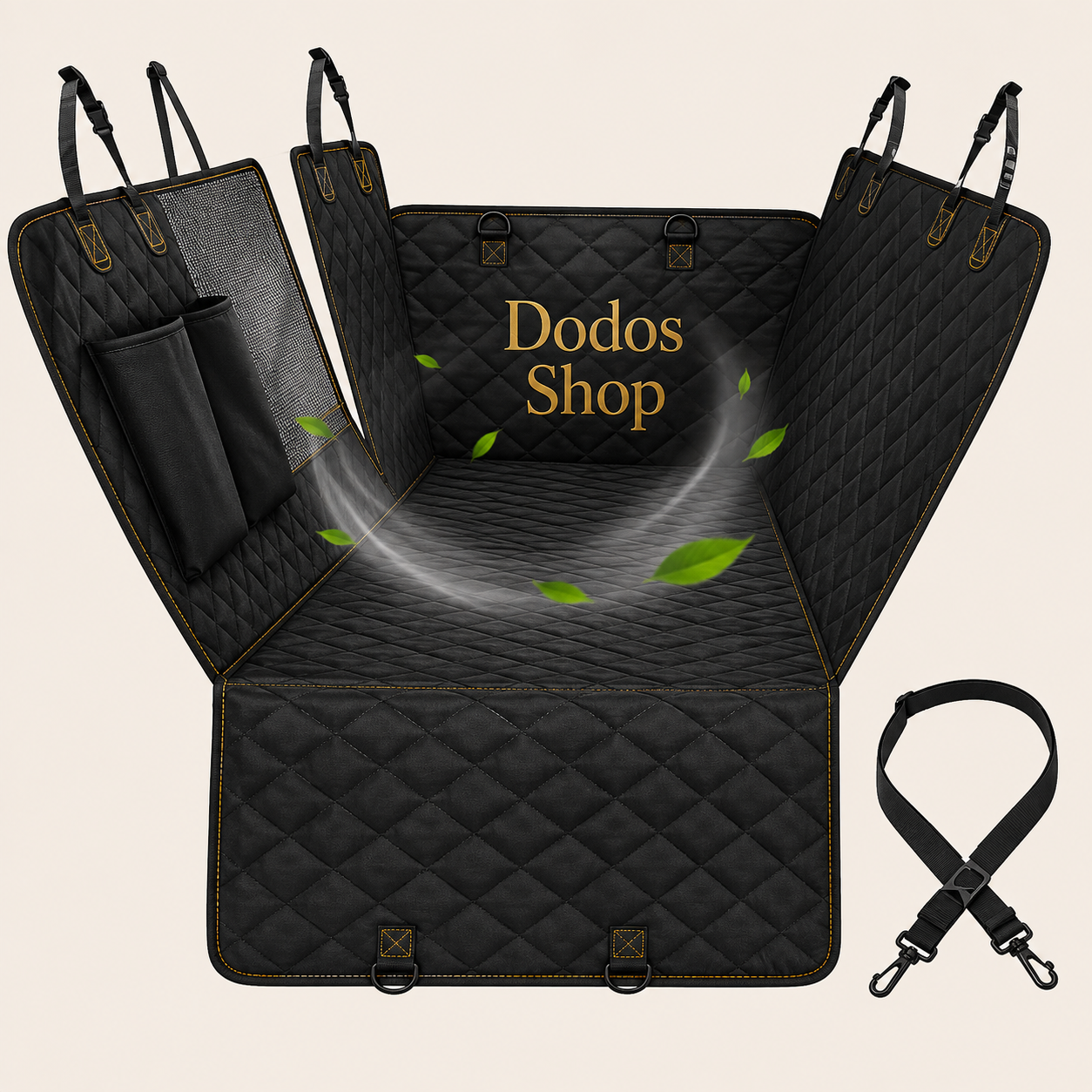 Pet Car Seat Cover
Black quilted pet car seat cover with gold trim and a matching detachable strap, shown open on a light beige background with a 'Dodos Shop' logo overlay.