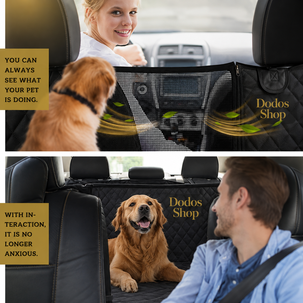 Pet Car Seat Cover
A two-panel demonstration of a black quilted pet car seat cover with a mesh front panel. The top panel shows a woman in a car looking over a golden retriever behind the mesh.