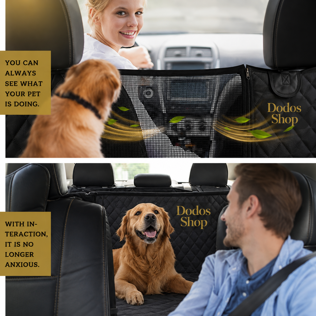 Pet Car Seat Cover
A two-panel demonstration of a black quilted pet car seat cover with a mesh front panel. The top panel shows a woman in a car looking over a golden retriever behind the mesh.